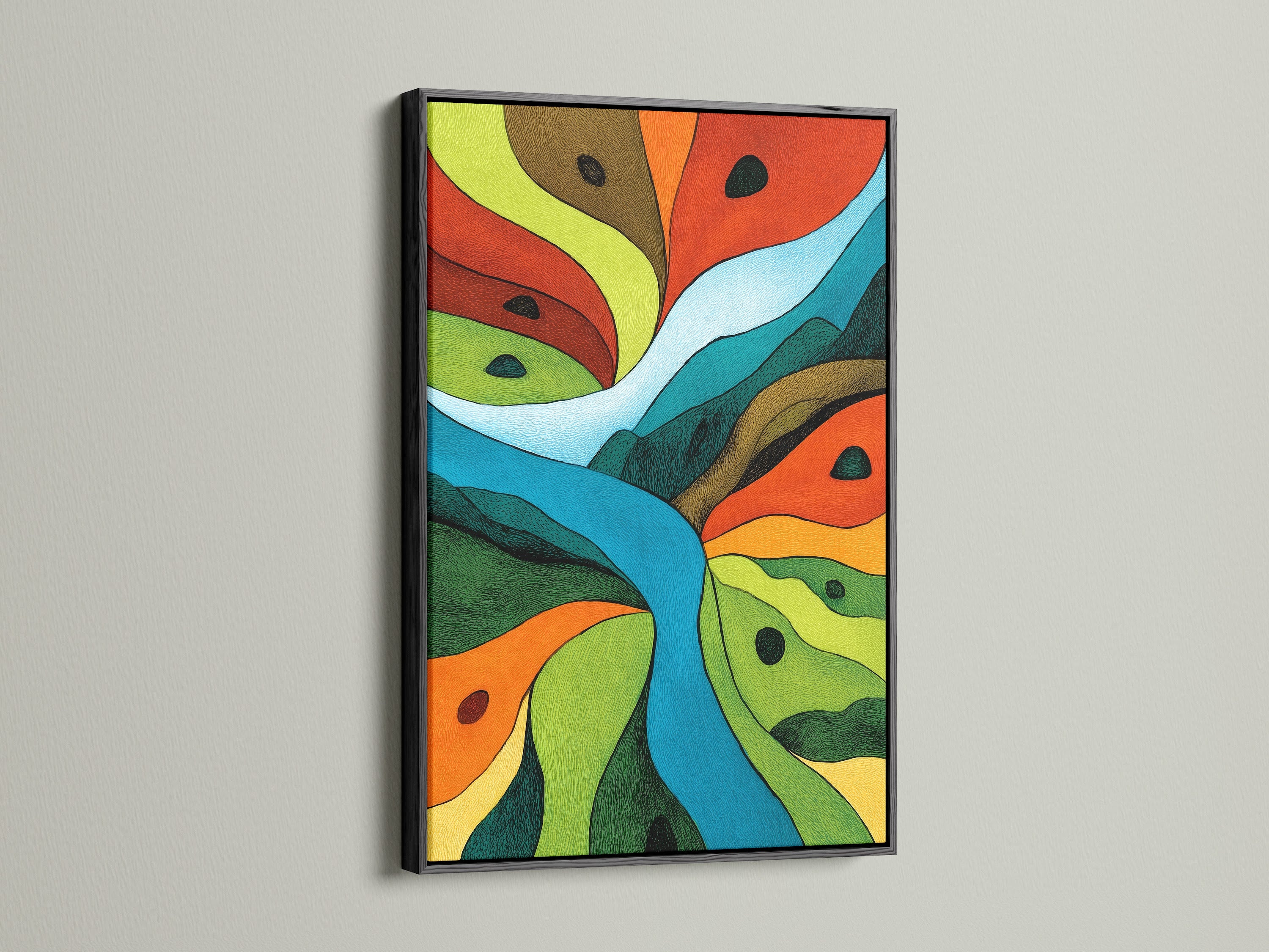 Artwork is showcased in a sleek black frame. A black frame adds a touch of elegance to any artwork. This classic choice complements various art styles. See how a black frame can make your artwork stand out.