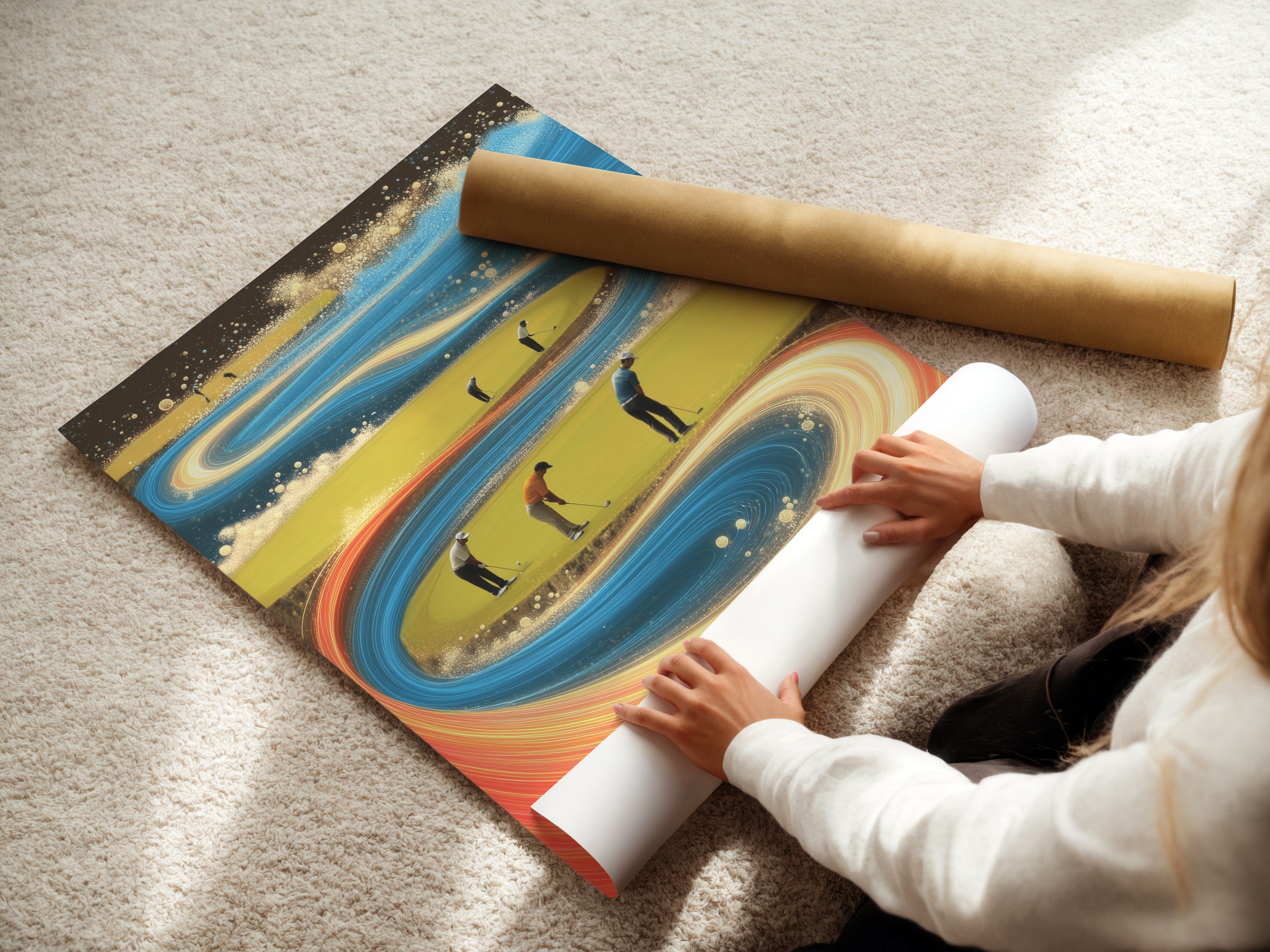 A woman is carefully rolling a fine art poster paper. The fine art poster paper is the perfect addition to any wall. Explore the various print options for your golfer artwork. Get your sports canvas print now.