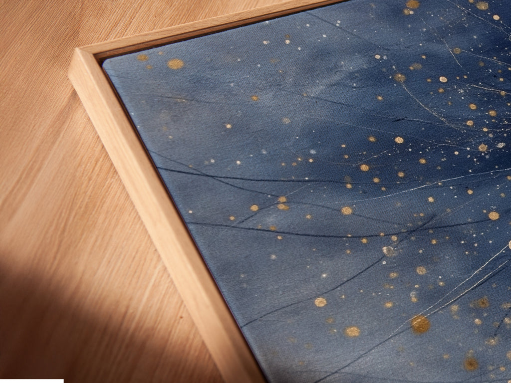 A close-up of a canvas print in a floating frame. The celestial artwork appears to float. The modern style enhances the cosmic minimalist poster. A unique touch to bedroom decor or living room.