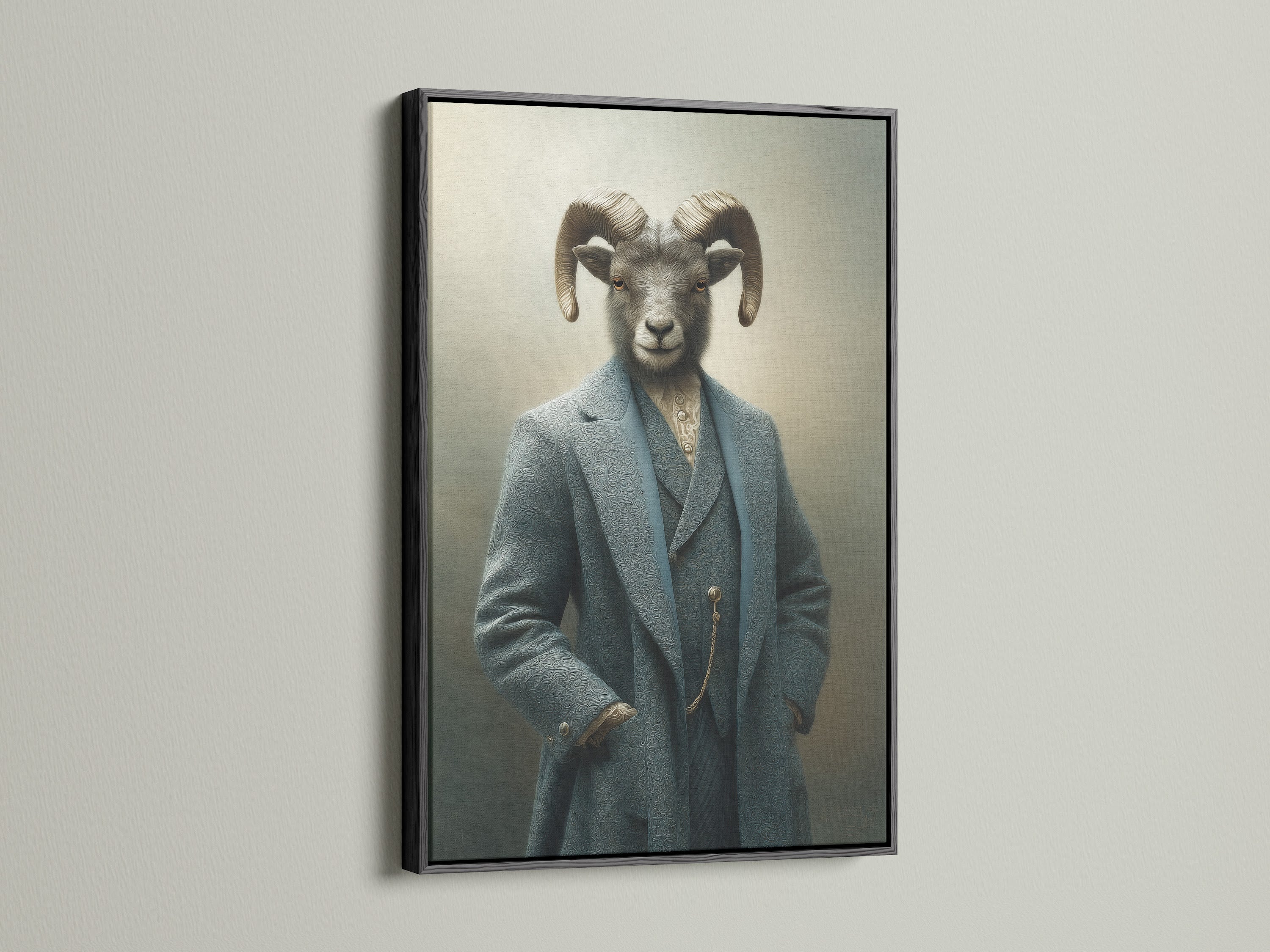 Ram Portrait art displayed in a sleek black frame. The vintage animal print is perfect for adding character to man caves pubs or creative studios. This portrait canvas art creates a unique and sophisticated ambiance in any room.