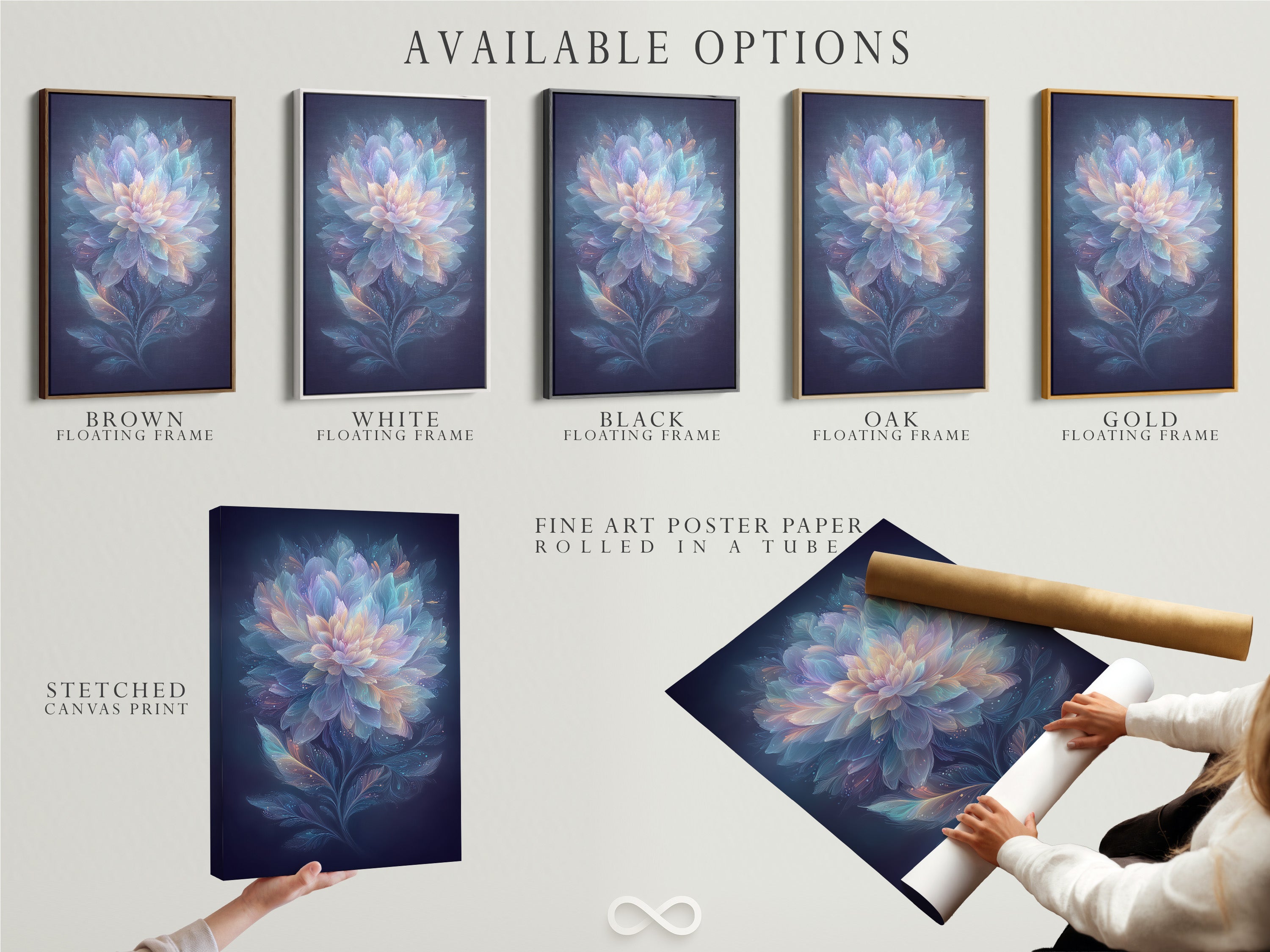 Explore available options for ethereal flower artwork. Choose from stretched canvas prints fine art poster paper or floating frames. Pastel blue and pink botanical art suits any style. Find your perfect dreamy decor today.