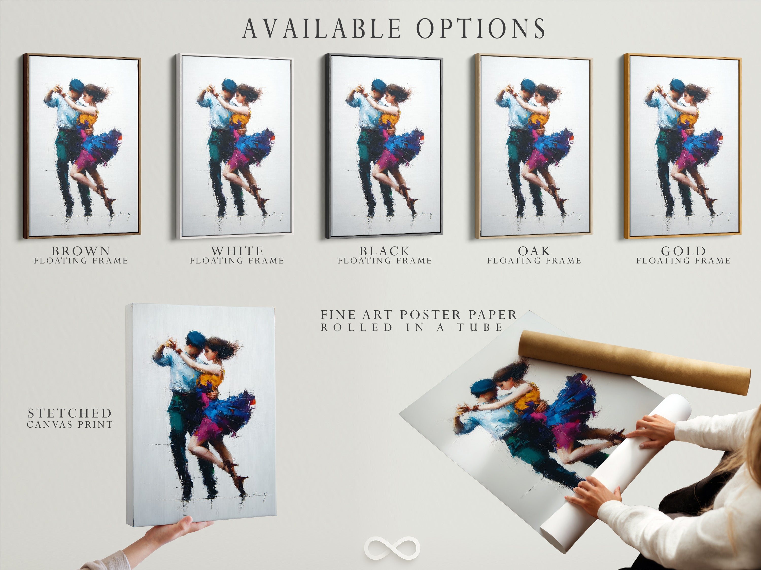 Available options are showcased. These include a stretched canvas print. Also shown is a fine art poster paper. A floating frame is another great option. Explore different formats to suit your style. Find the perfect art for your home.
