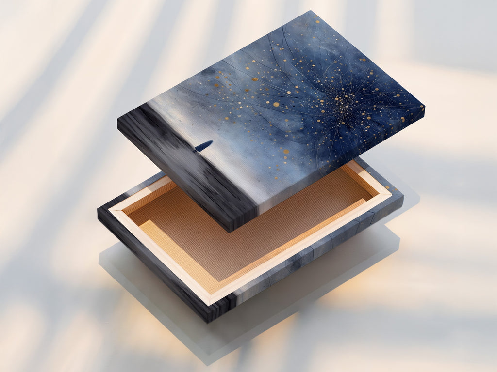 A stretched canvas print showcases celestial night sky artwork. The starry universe art is ready to hang. This stretched canvas provides a gallery-ready look. Ideal for living room wall art.