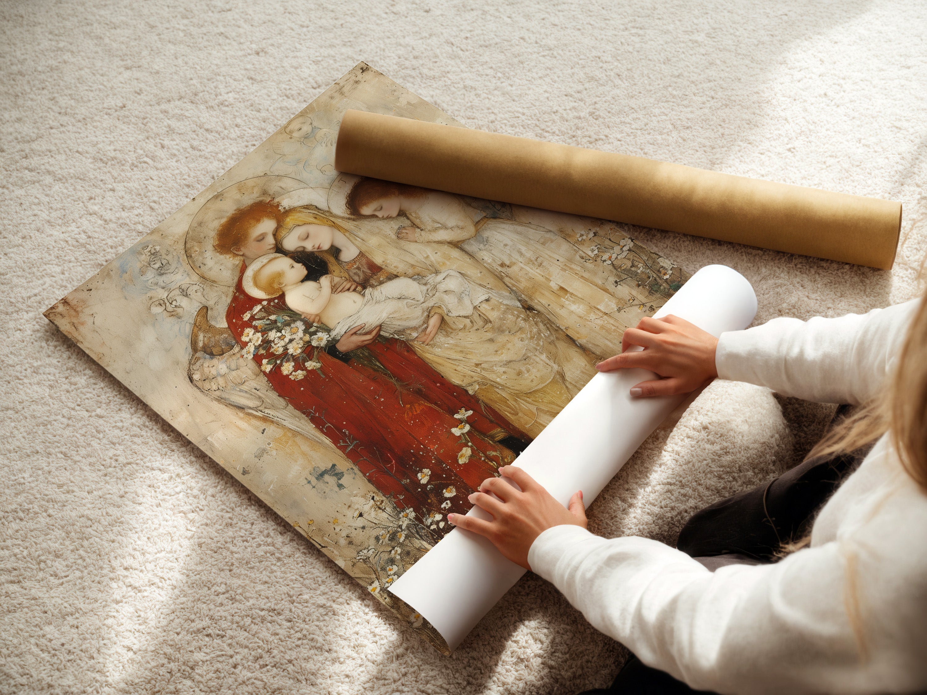 A woman is carefully rolling a fine art poster paper. The paper features the Madonna and Child Renaissance religious artwork. This is perfect for delicate handling. It arrives safely.
