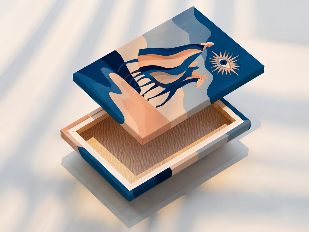 A stretched canvas print of modern abstract horse art. The artwork showcases a blue terracotta design. It is perfect for adding a boho touch to your walls. This canvas print is ideal for living rooms bedrooms and entryways. This piece is a modern animal art