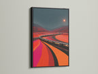 Train Journey artwork in a black frame. This railroad wall artwork makes a statement. Earth tone decor brings sophistication to any space. This train journey poster is visually appealing.