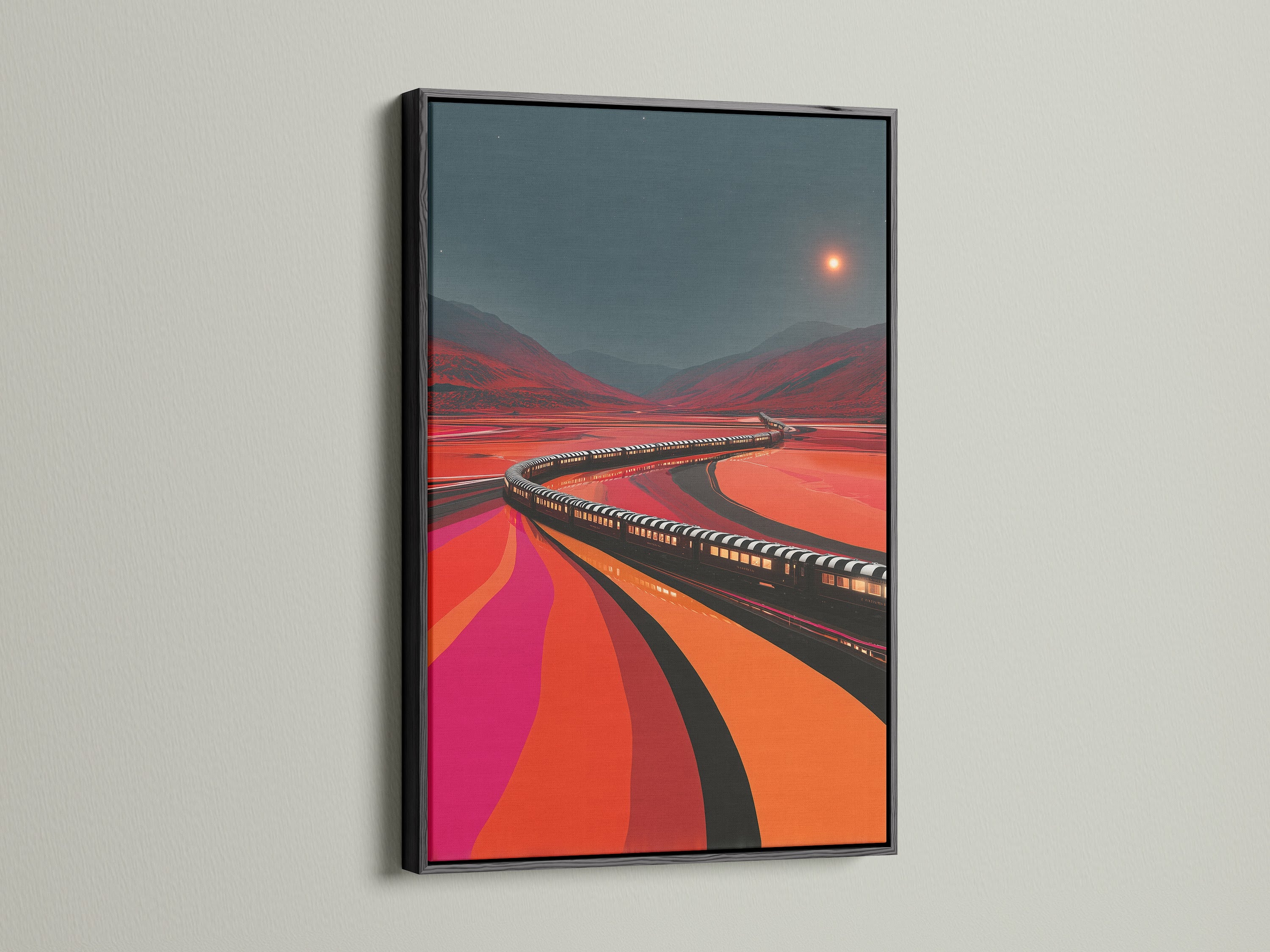 Train Journey artwork in a black frame. This railroad wall artwork makes a statement. Earth tone decor brings sophistication to any space. This train journey poster is visually appealing.
