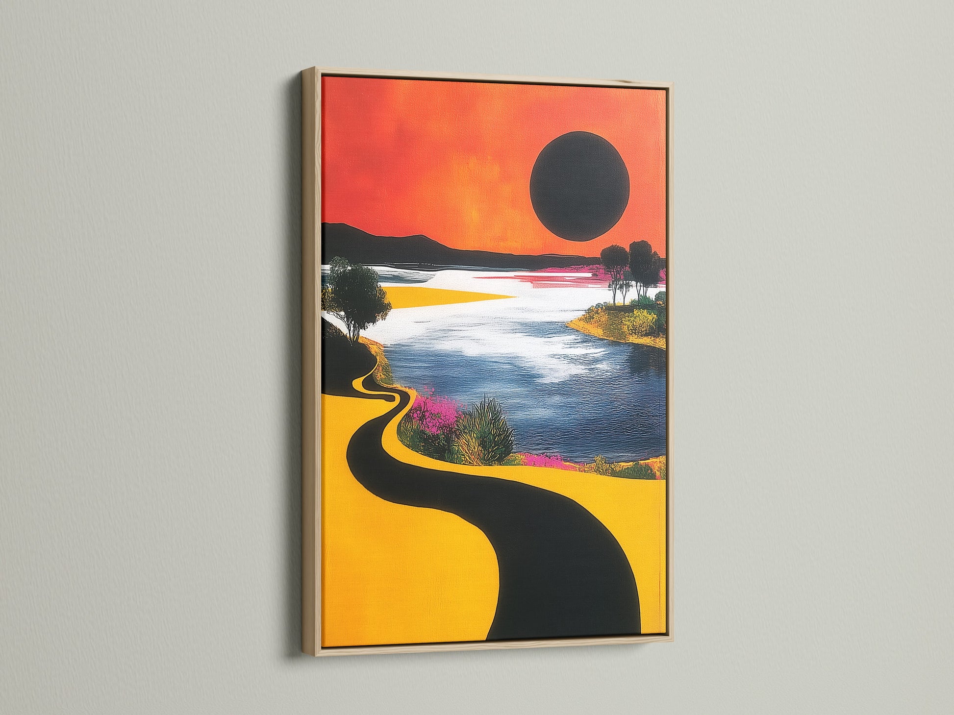 This is a striking abstract landscape print. The sunset lake artwork is elegantly framed in oak. The natural wood grain enhances the colorful scene. Ideal wall art for minimalist and modern interiors.