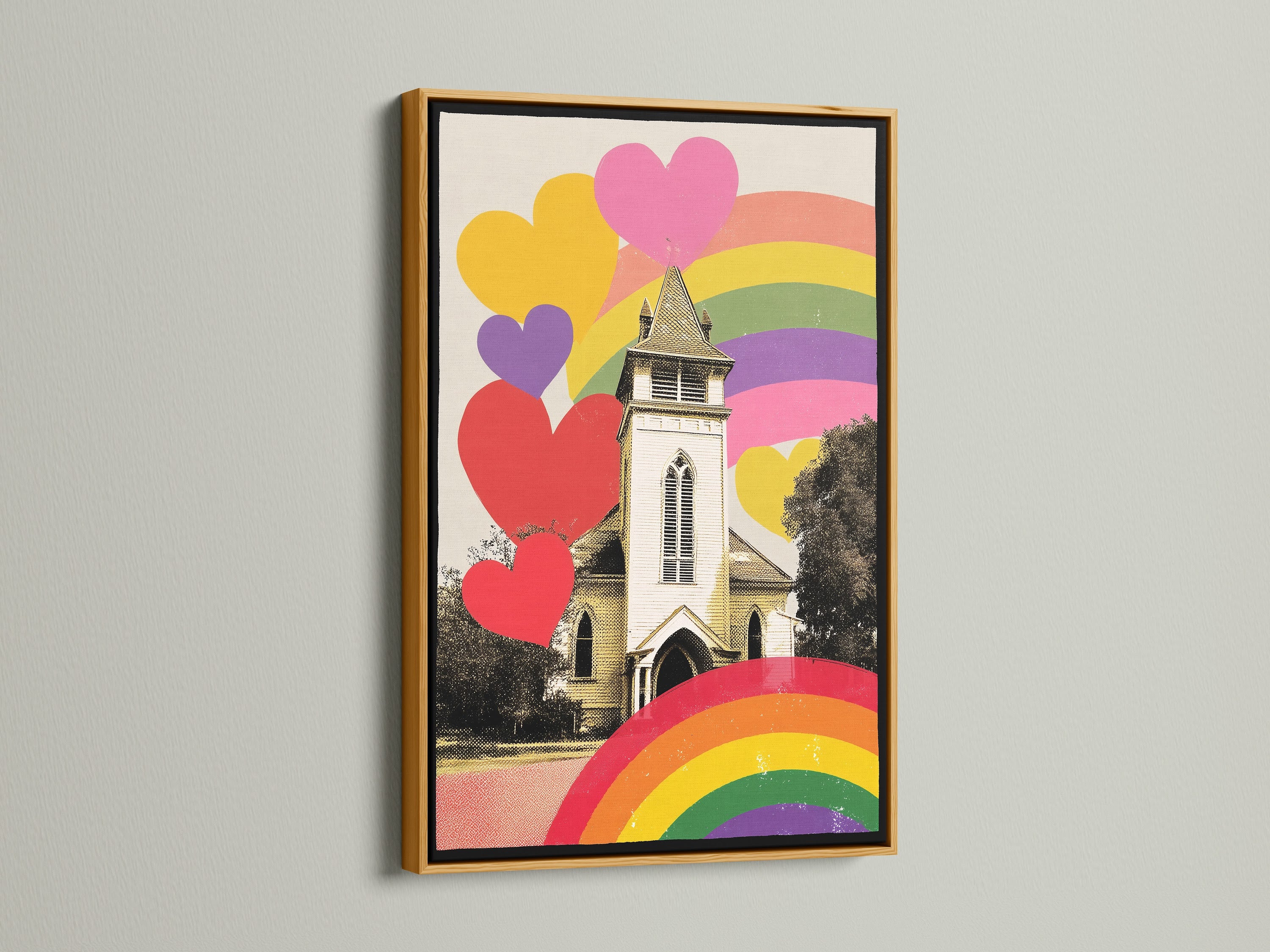 Artwork is presented in a gold frame. The art displays a church with hearts and rainbows. A gold frame adds a touch of luxury and glamour. This framed artwork will elevate any decor. Make a statement with this elegant piece. Purchase yours today