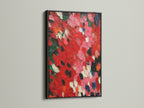 An abstract red artwork is elegantly presented in a black frame. The textured canvas showcases an impasto painting. The palette knife art adds a contemporary touch. This red wall art is a modern abstract piece. It enhances any space with a bold and sophisticated look. Perfect for modern home art.