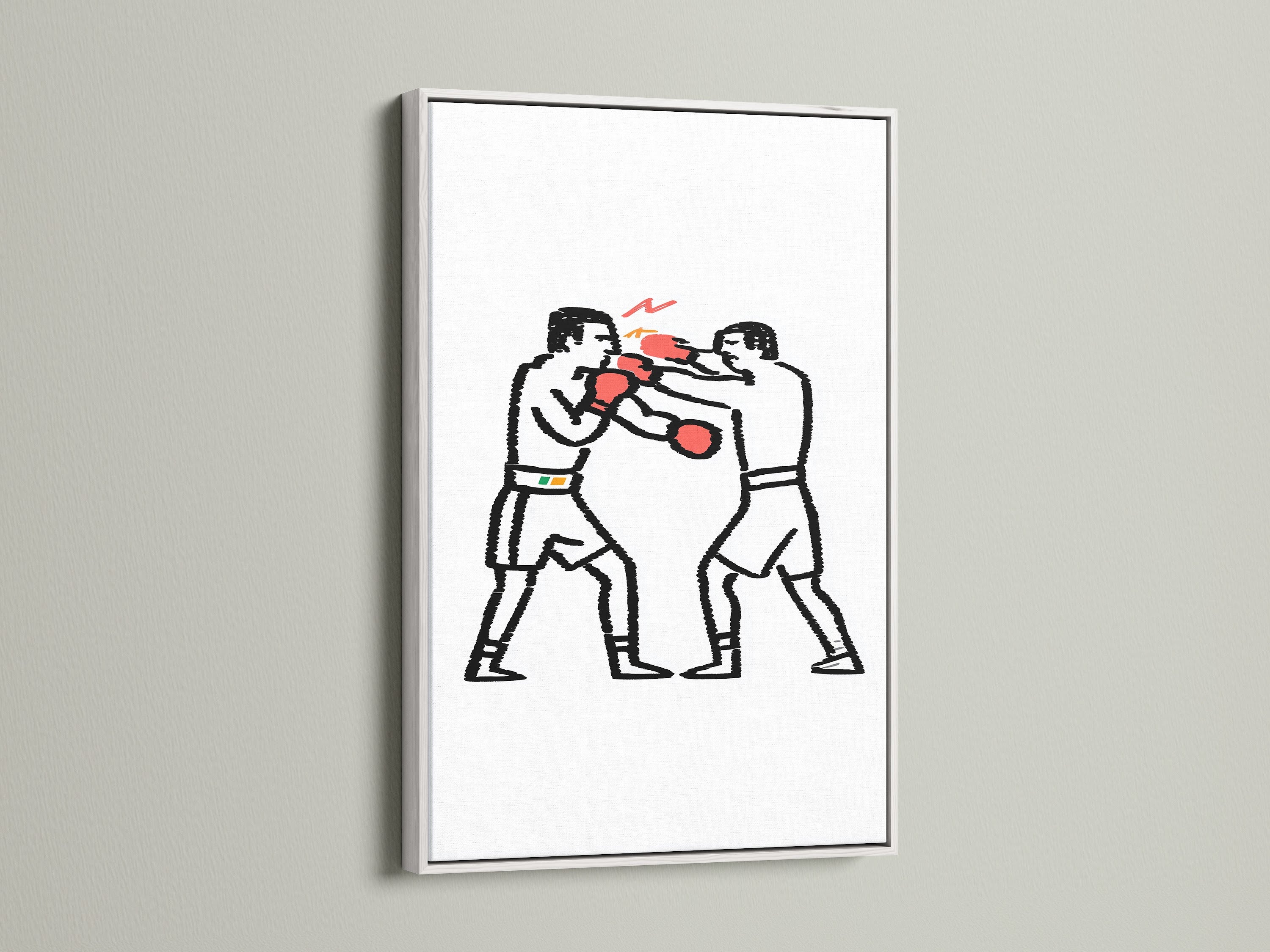Boxing match art in a clean white frame. This minimalist print captures two boxers with striking red gloves. Ideal for modern interiors or a home gym. The white frame offers a sleek look. Elevate your space with this sport artwork.