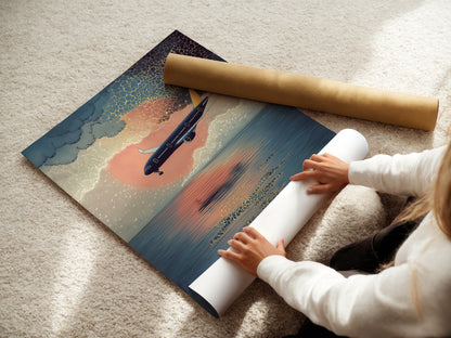 A woman is carefully rolling a fine art poster paper. The paper features a stunning airplane artwork. This aviation print is perfect for travel enthusiasts. It makes a thoughtful aviation gift. Bring the beauty of the sky into your space.