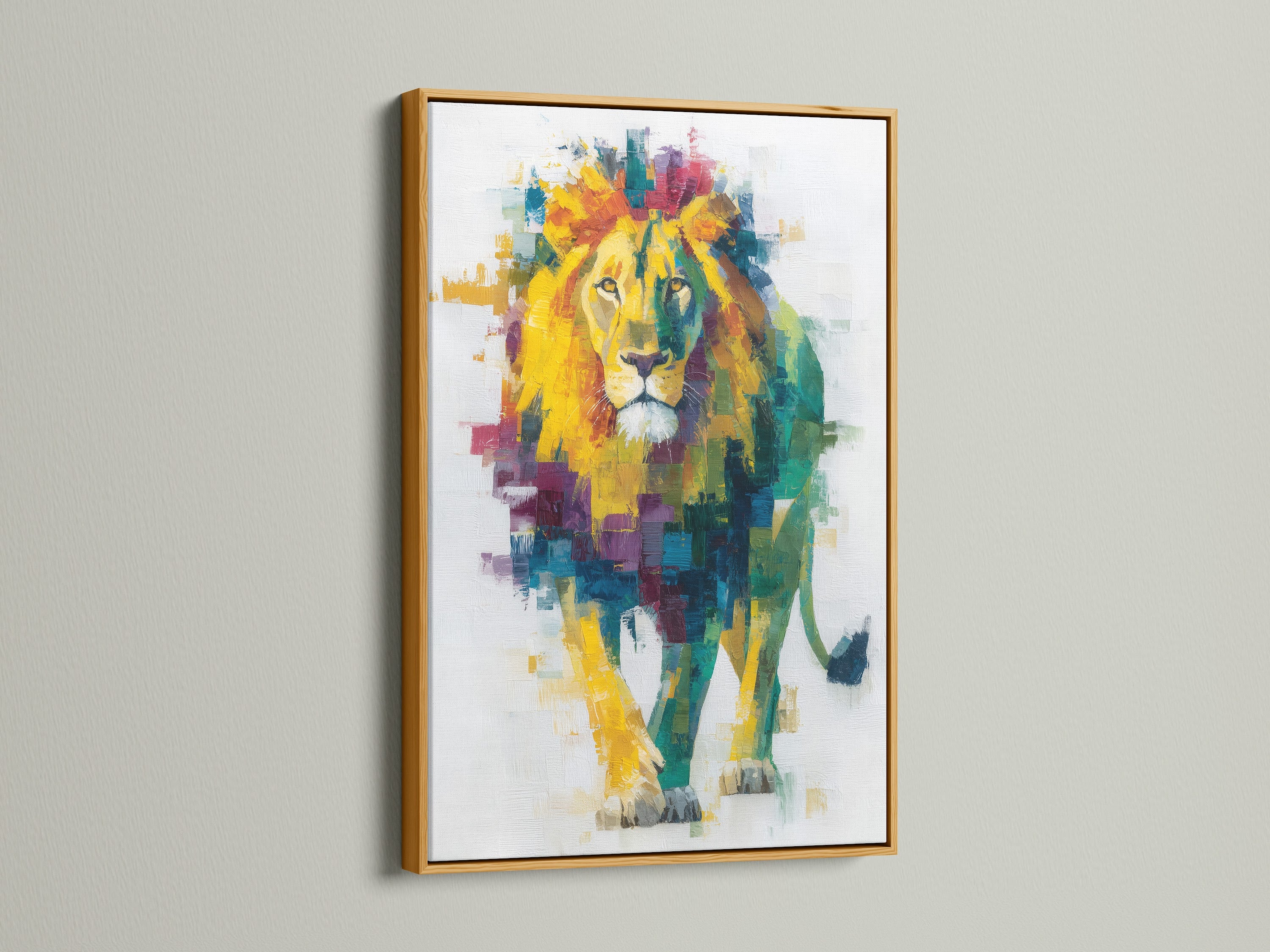 The abstract colorful lion artwork is displayed in a gold frame. This vibrant animal canvas art adds a luxurious touch to any room. The gold frame enhances the artwork's modern appeal. It is perfect for making a bold statement in your home or office decor.