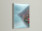 Lake Como Italy canvas artwork with white frame. This modern Italian decor piece showcases a teal mountain landscape. The coastal wall art is perfect for contemporary styles. The white frame makes the colors pop. Add a touch of European charm to your office wall decor. It's a travel art print you'll love.