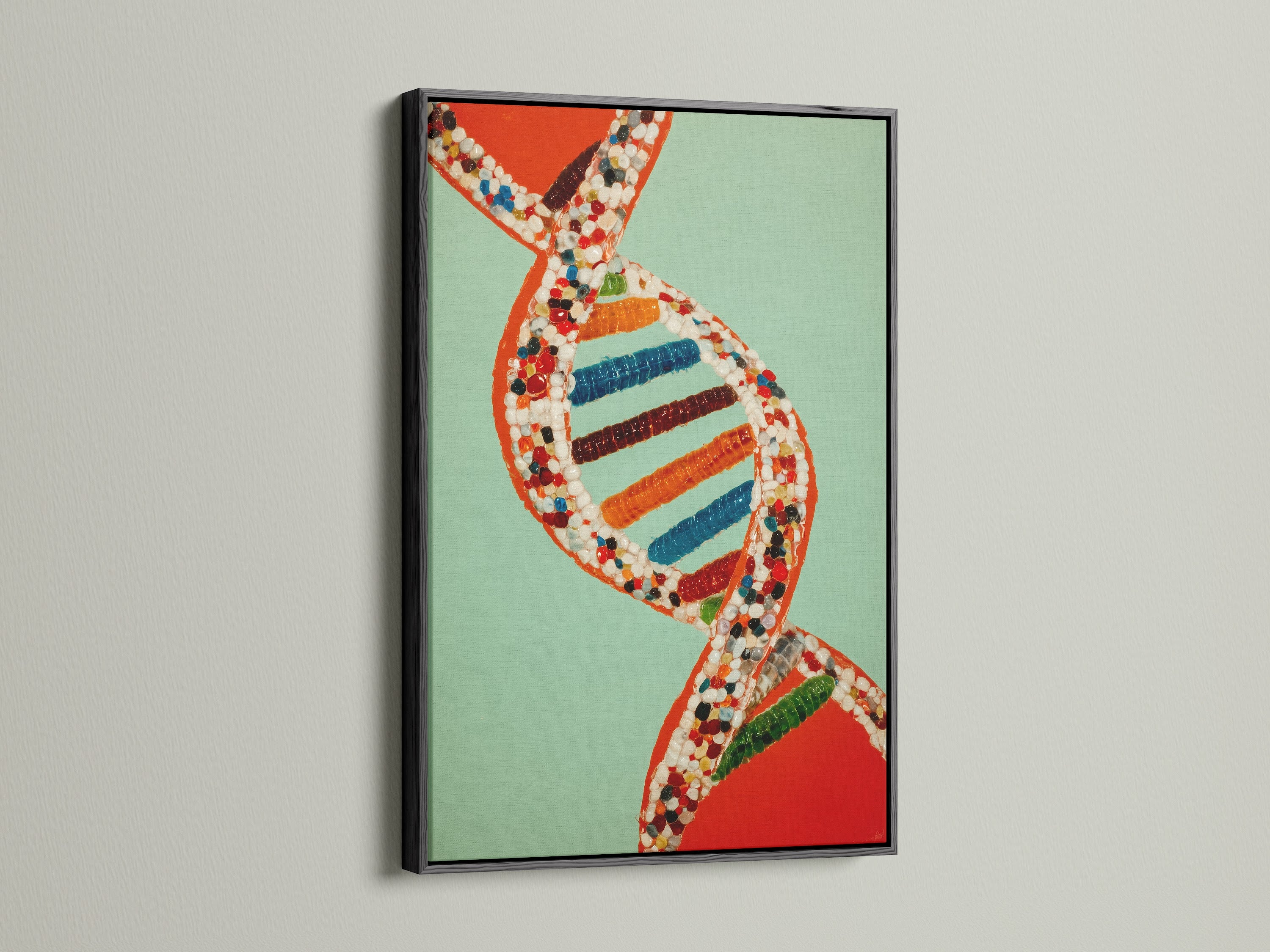 DNA Molecule art showcased in a black frame. The striking contrast highlights the colorful genetic code. Enhance your office biology decor with this piece. This science art makes a thoughtful science gift. A contemporary artwork that fits minimalist or modern styles