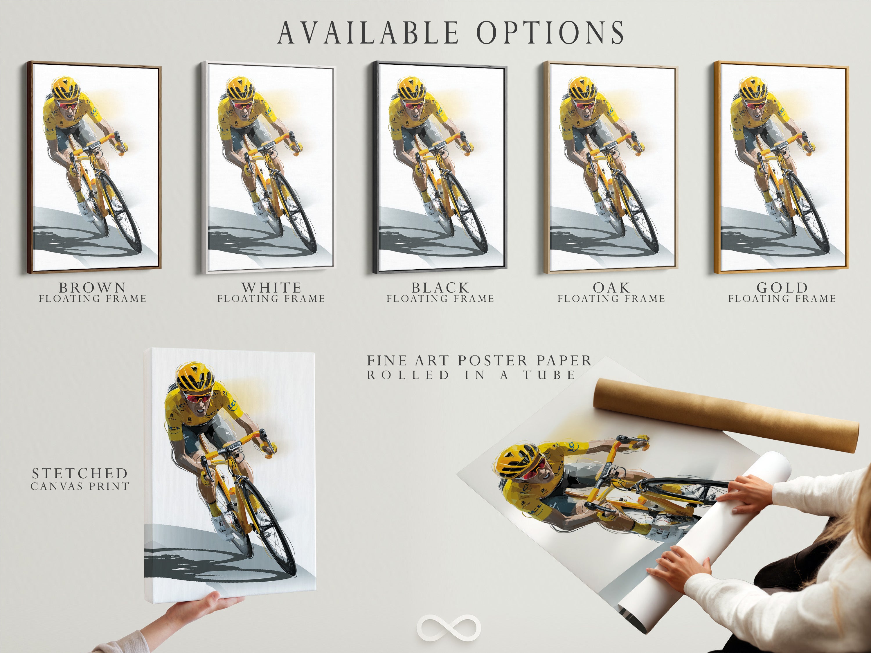 Available options are displayed. Choose from stretched canvas print. Consider fine art poster paper. Or a floating frame. Select the perfect option for your artwork. Customize your art to fit your style.