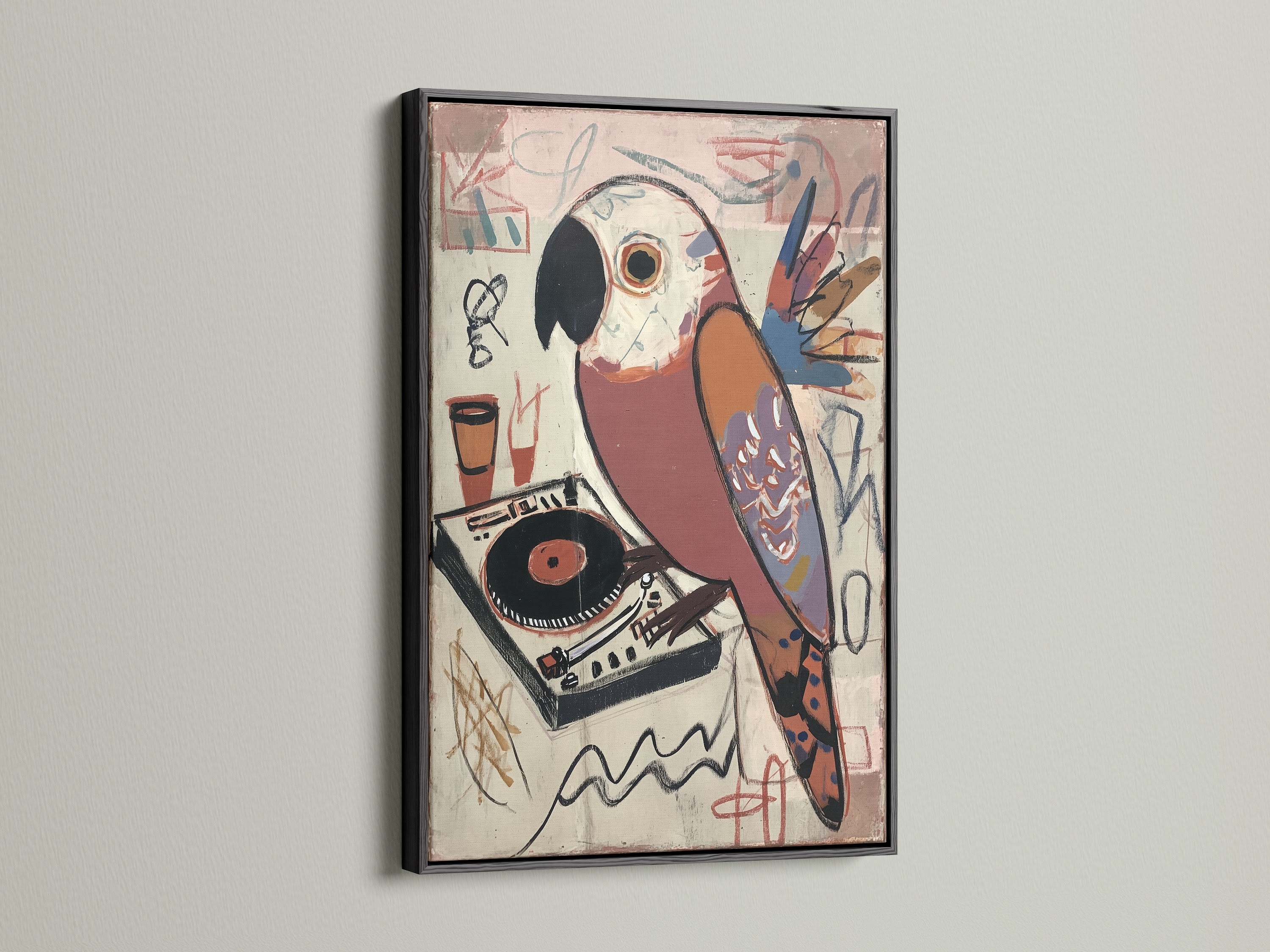 Vintage Parrot DJ Artwork in a Black Frame. The black frame makes the colorful bird art pop. This retro poster art is a great music lover gift. Add a unique touch to your music studio art.