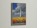 Lighthouse coastal artwork with an oak frame. This nautical print brings the beauty of the ocean into your home.  Perfect as beach house art or nautical decor. The yellow and red field contrasts with the blue sky. A bicycle rests in the field. Enhance your living space with this framed piece.
