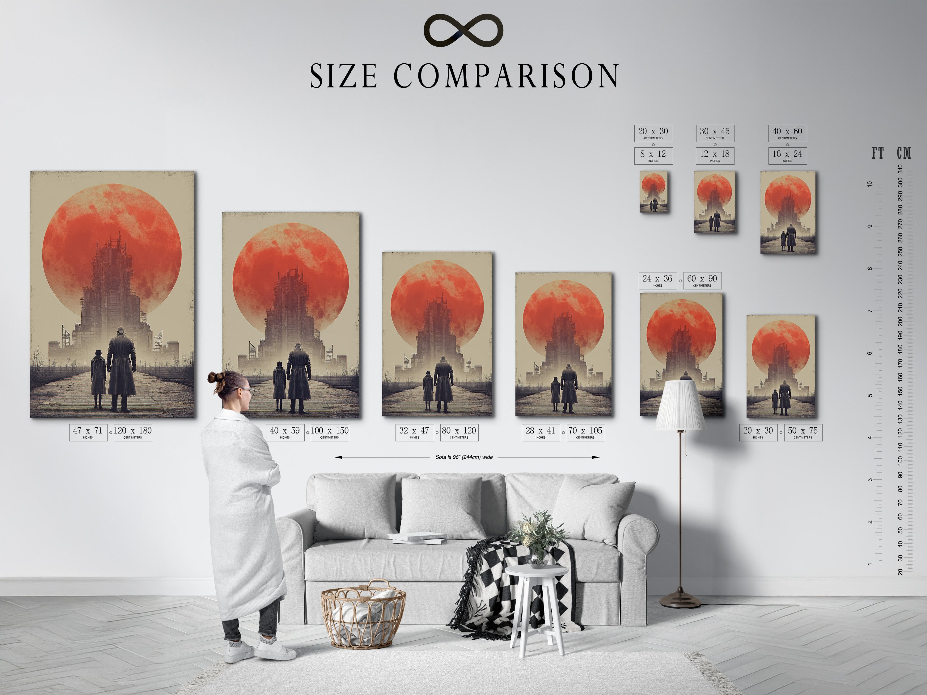 A size comparison chart is shown in an interior setting. Visualize art sizes in a real room. Compare different dimensions to find the perfect fit. See how art scales in various spaces. Ideal for planning your home decor. Ensure your artwork complements your space.