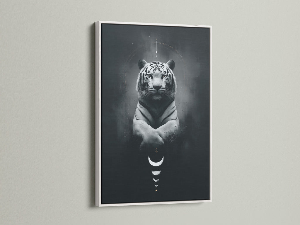 Enhance your home with this captivating celestial wall art. A moon phases print featuring a mystical tiger. This spiritual decor is framed in a sleek white frame. A great addition to your bedroom or living room wall art.