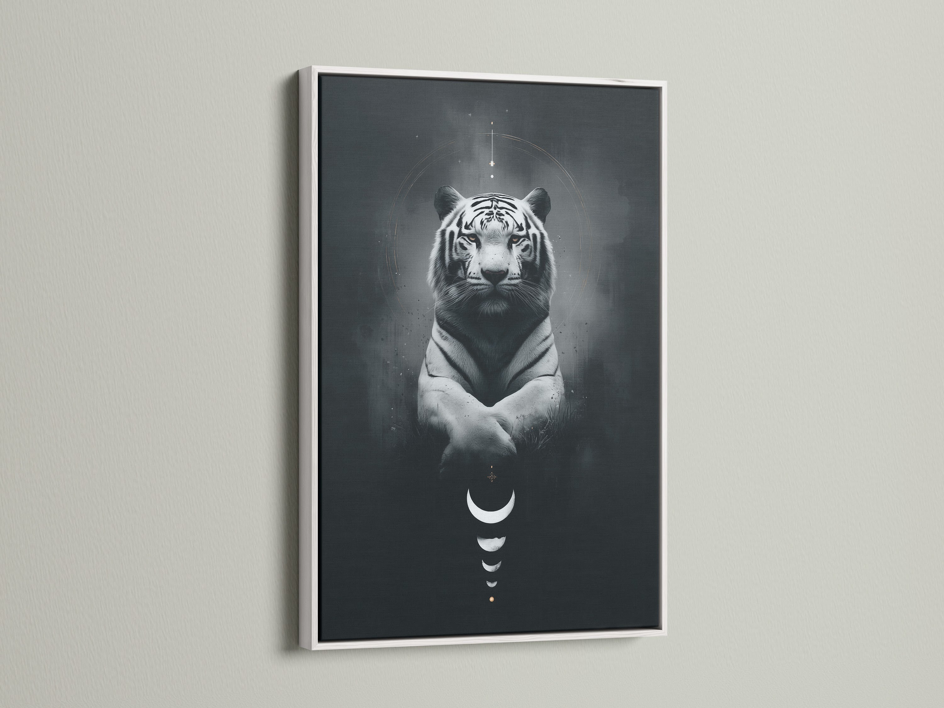 Enhance your home with this captivating celestial wall art. A moon phases print featuring a mystical tiger. This spiritual decor is framed in a sleek white frame. A great addition to your bedroom or living room wall art.