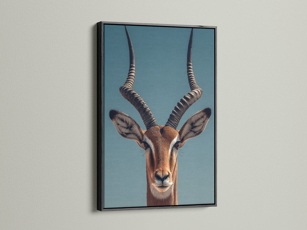 An Impala art print is presented in a sleek black frame. The black frame provides a classic look. This frame option adds sophistication to any space. Its a timeless choice.