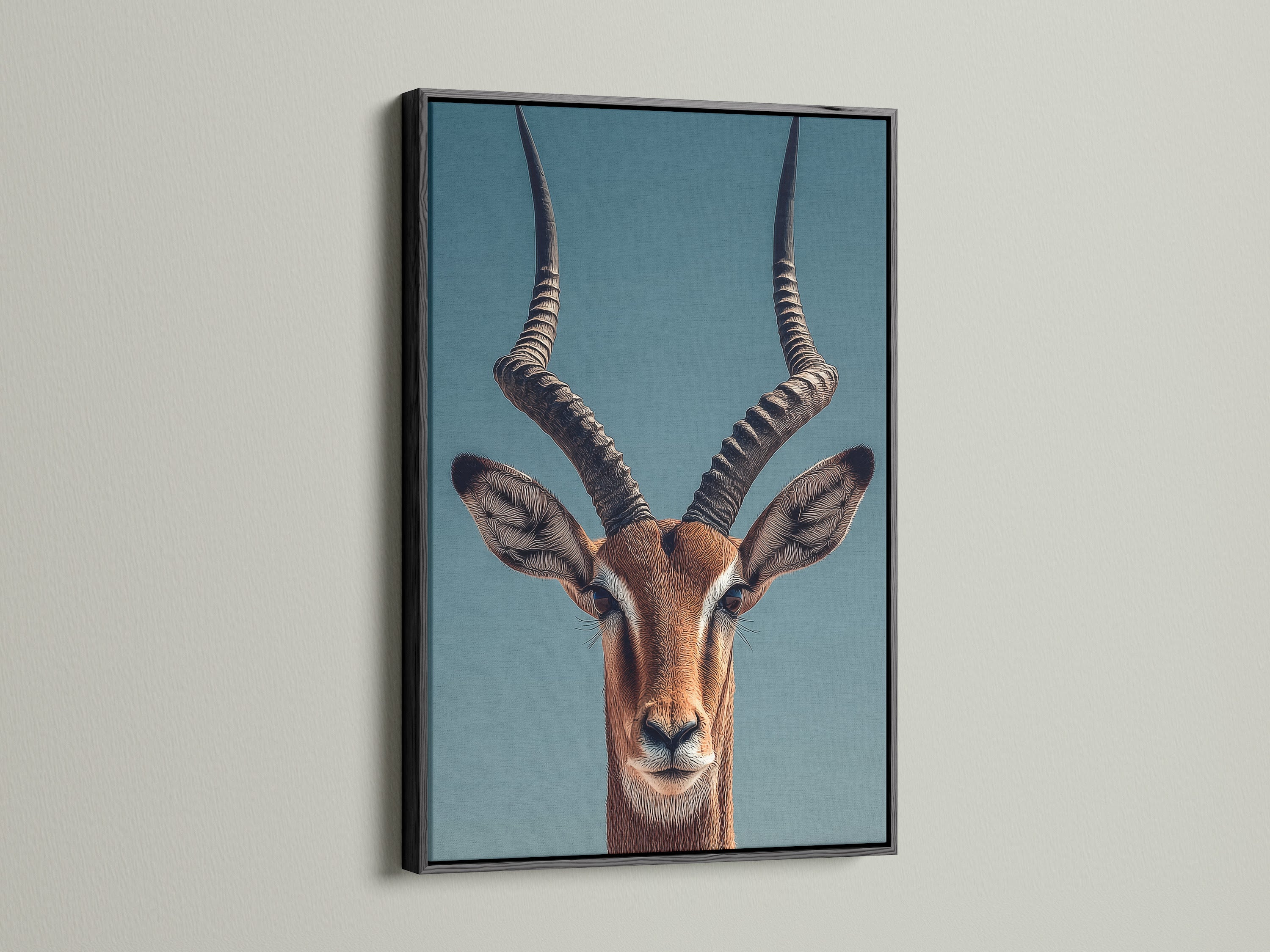 An Impala art print is presented in a sleek black frame. The black frame provides a classic look. This frame option adds sophistication to any space. Its a timeless choice.