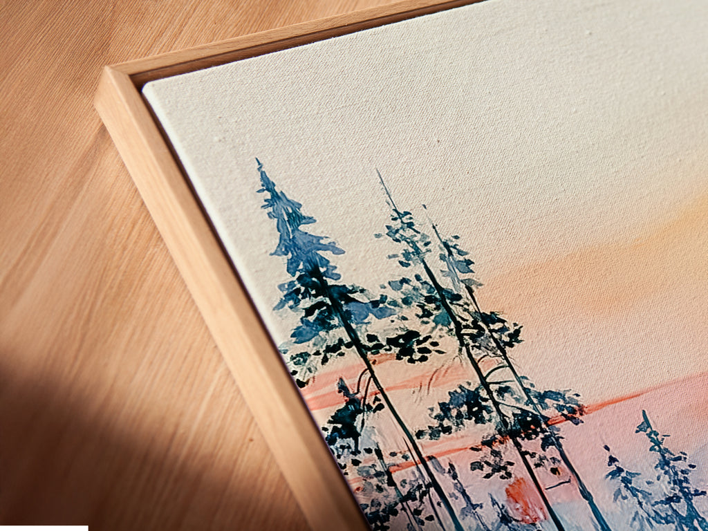 A close-up angled view shows a canvas print in a floating frame. The wolf art is set against a winter forest. The teal blue landscape adds a modern touch. Perfect as a unique wall art piece.