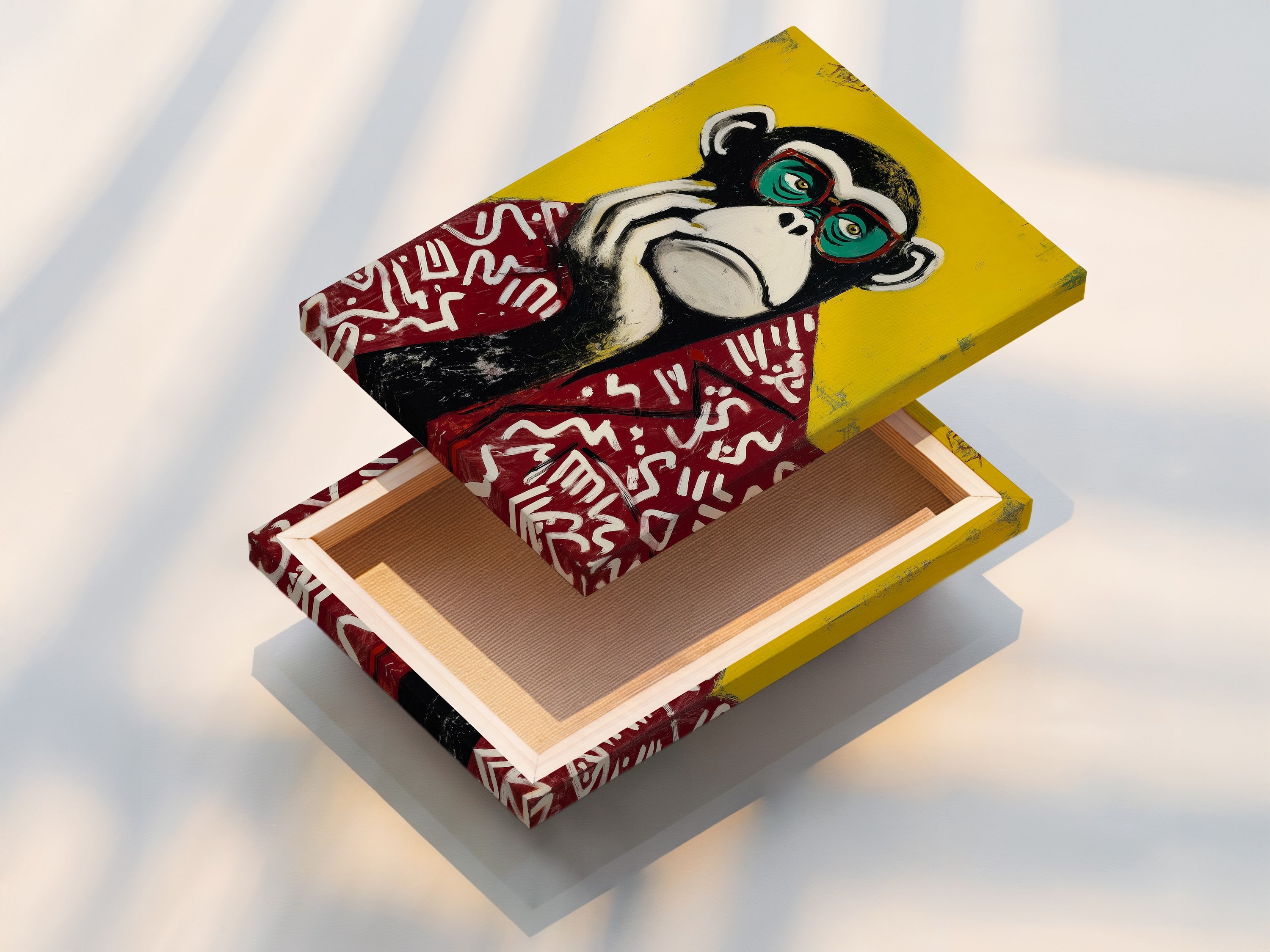 A stretched canvas print of a monkey artwork. The pop art primate canvas art is ready to hang. This animal wall decor adds a contemporary touch to any room. The stretched canvas ensures a gallery-quality look. Perfect for office wall art or funky home decor. Transform your living space with this modern pop art.