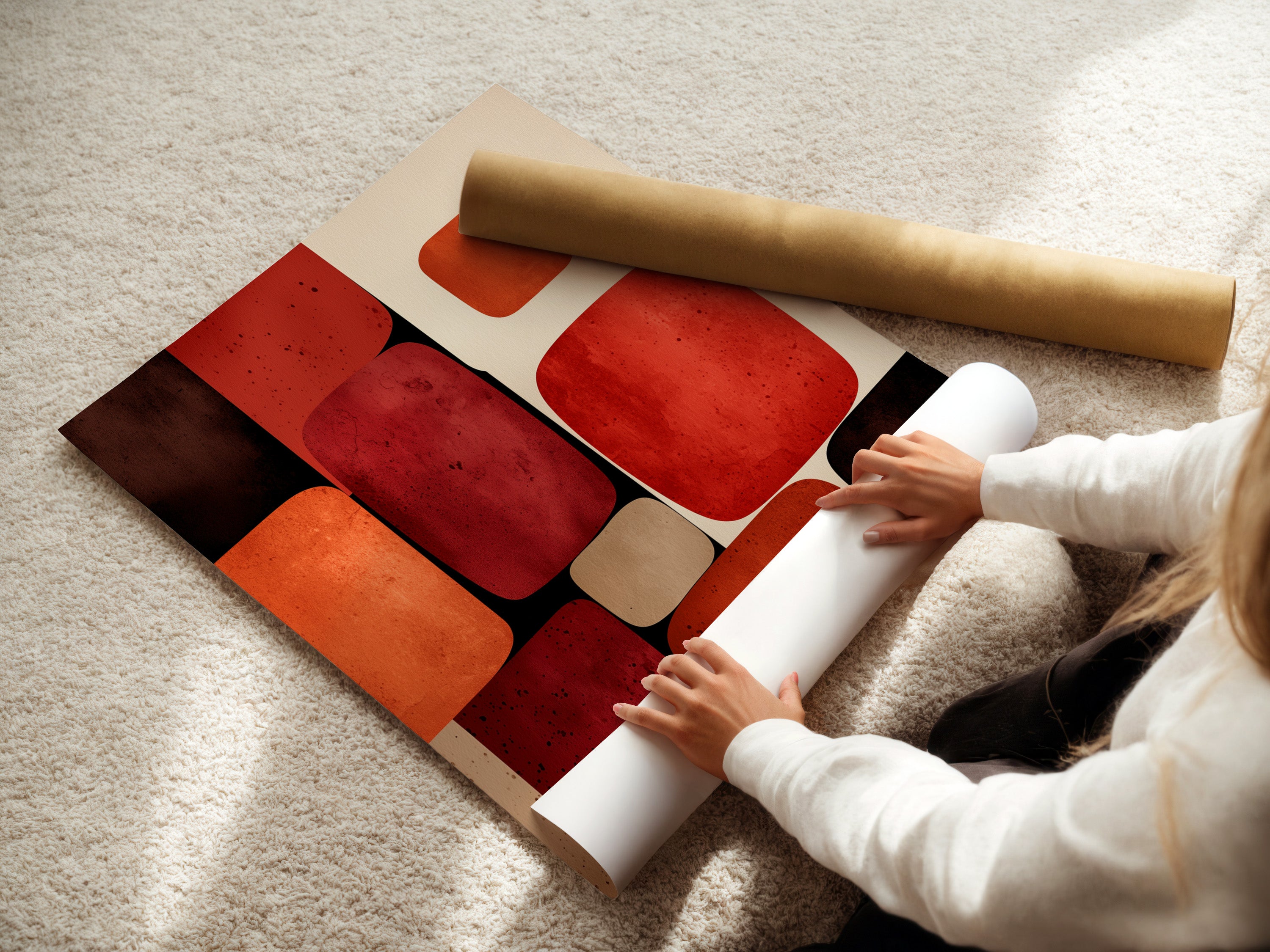 A woman carefully rolls fine art poster paper. High-quality paper ensures vibrant colors. It also ensures longevity. Protect your artwork by using the right materials. Preserve your art.