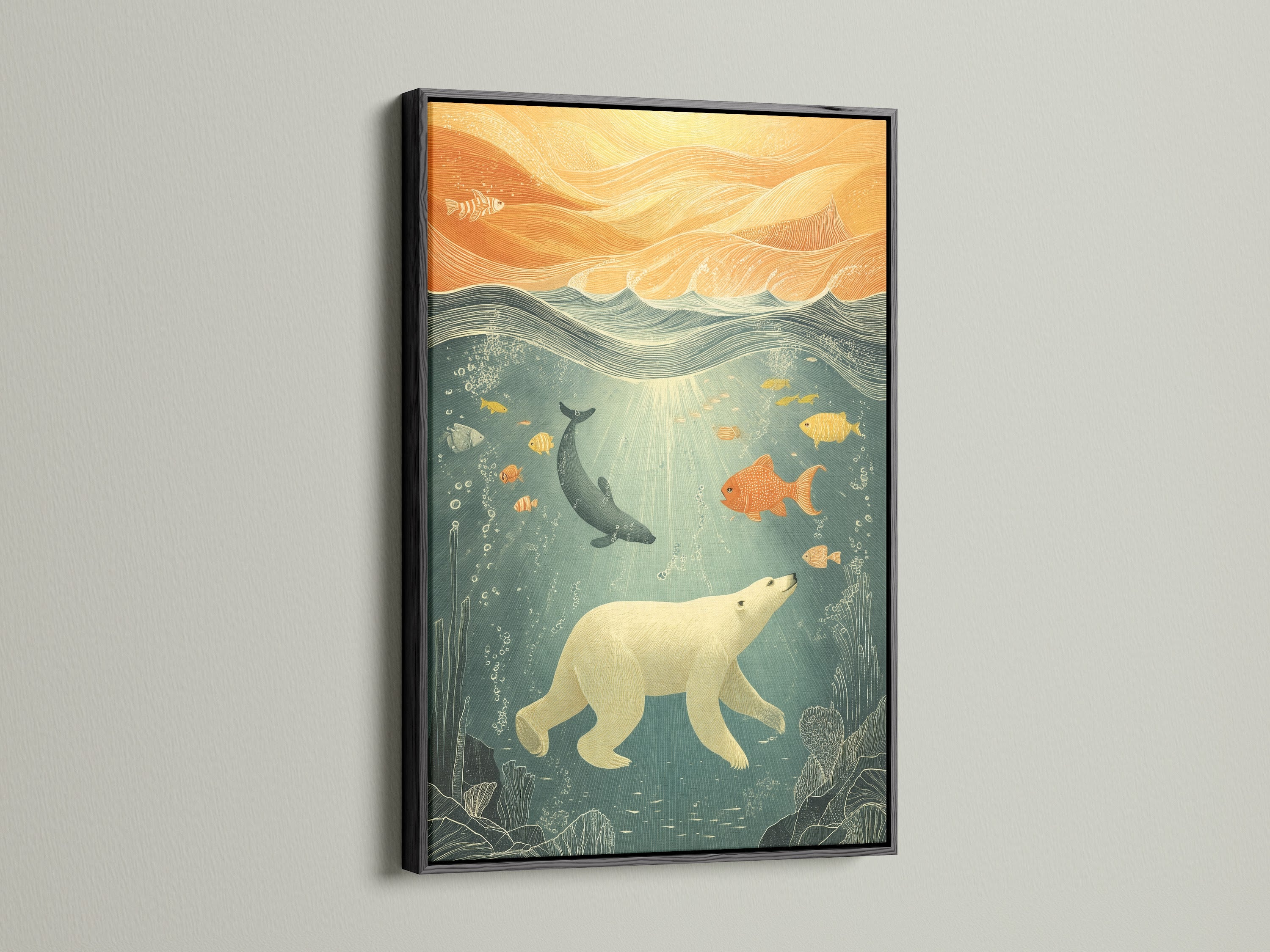 Ocean Wildlife Canvas Print in a black frame. This framed artwork brings the ocean to your kids room. Featuring a polar bear and fish underwater. This marine life decor complements coastal Scandinavian and modern styles. Add whimsical art to nurseries and playrooms.