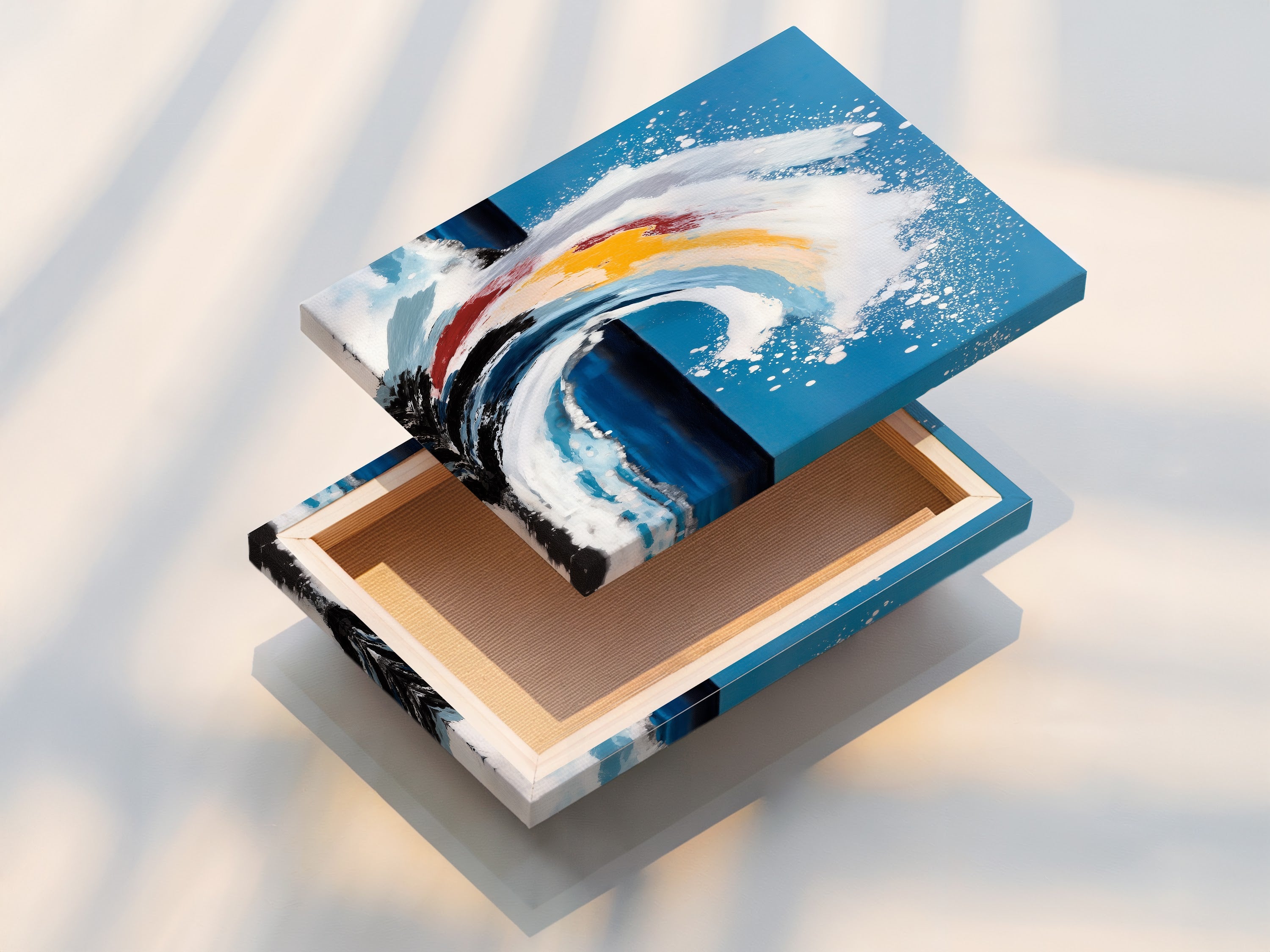 The stretched canvas print displays the ocean wave artwork beautifully. The teal blue colors are vibrant. The abstract seascape is ready to hang. This coastal wall art is perfect for any space needing a splash of color.