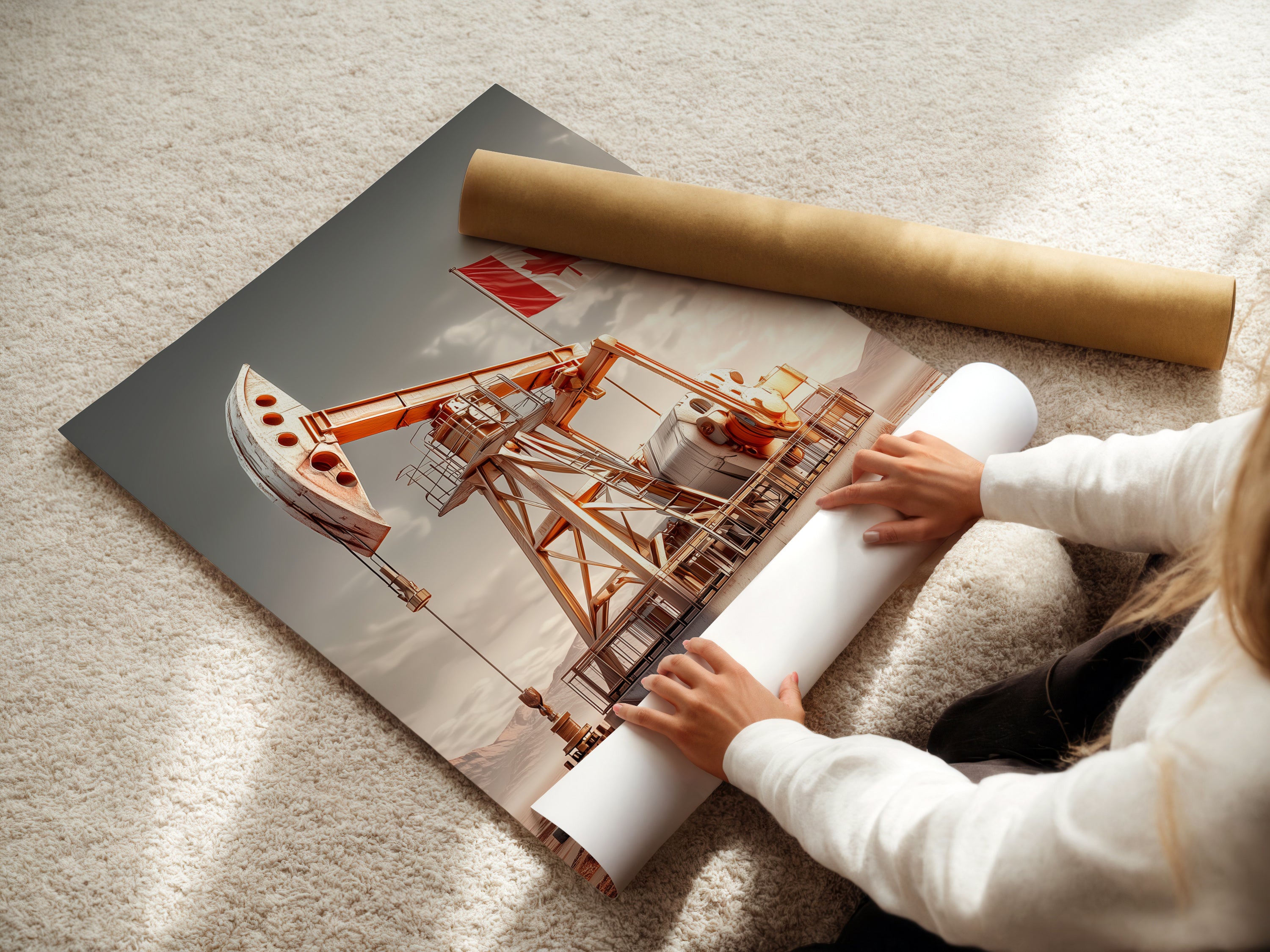 A woman is carefully rolling a fine art poster paper. The paper features the oil derrick art with the Canadian flag. The fine art poster is ideal for collectors and art enthusiasts. Perfect for any space.