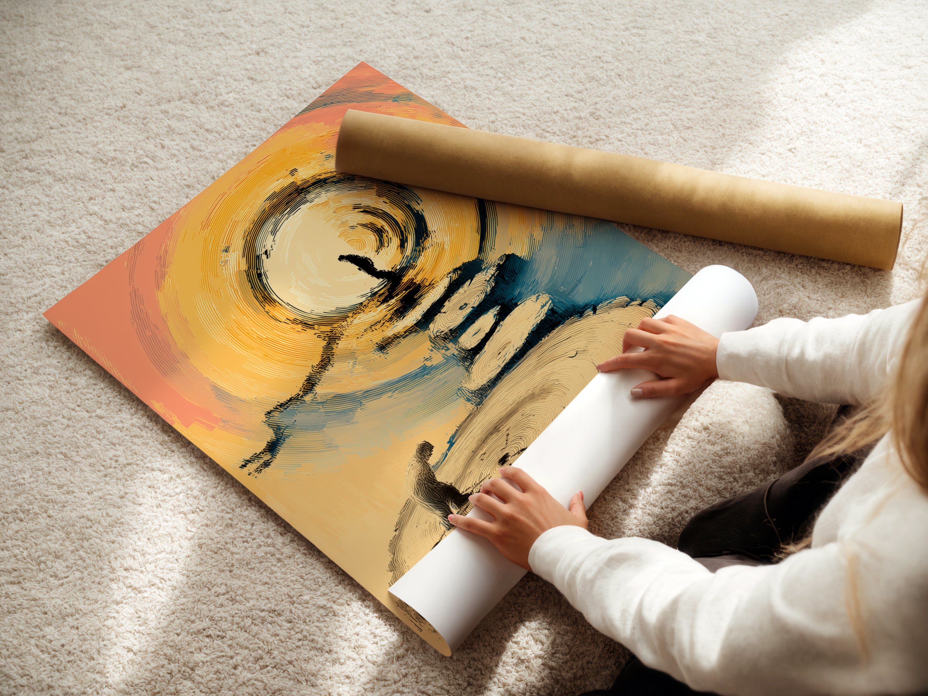 A woman is carefully rolling a fine art poster paper print. The poster paper showcases the zen stone stack artwork. This option provides a versatile and affordable way to display calming artwork. Order your fine art print today.