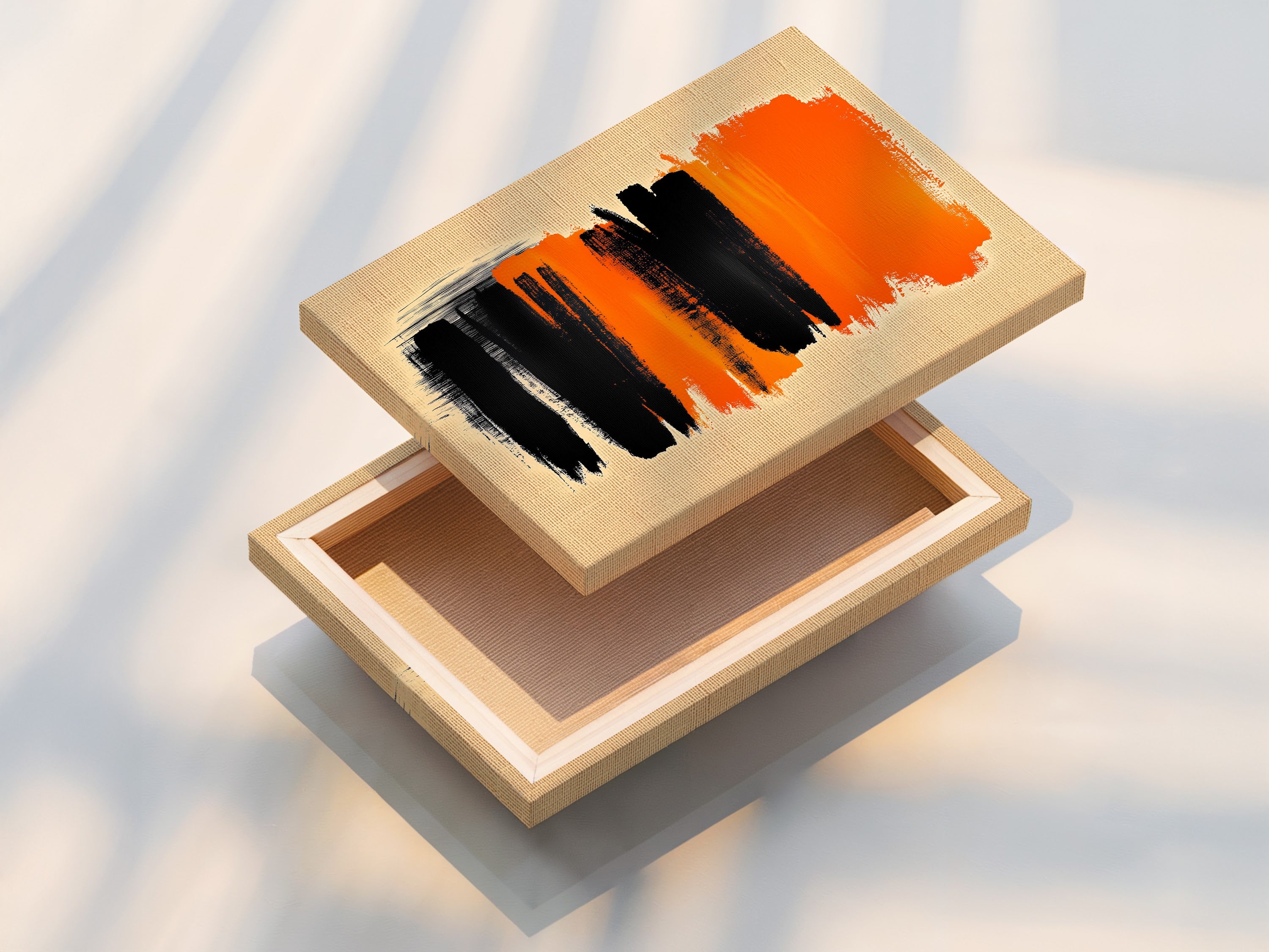 This stretched canvas print features Abstract Brush Stroke Art. The orange and black artwork is ready to hang. The stretched canvas provides a clean and modern look. Perfect for contemporary wall decor in living rooms or offices.