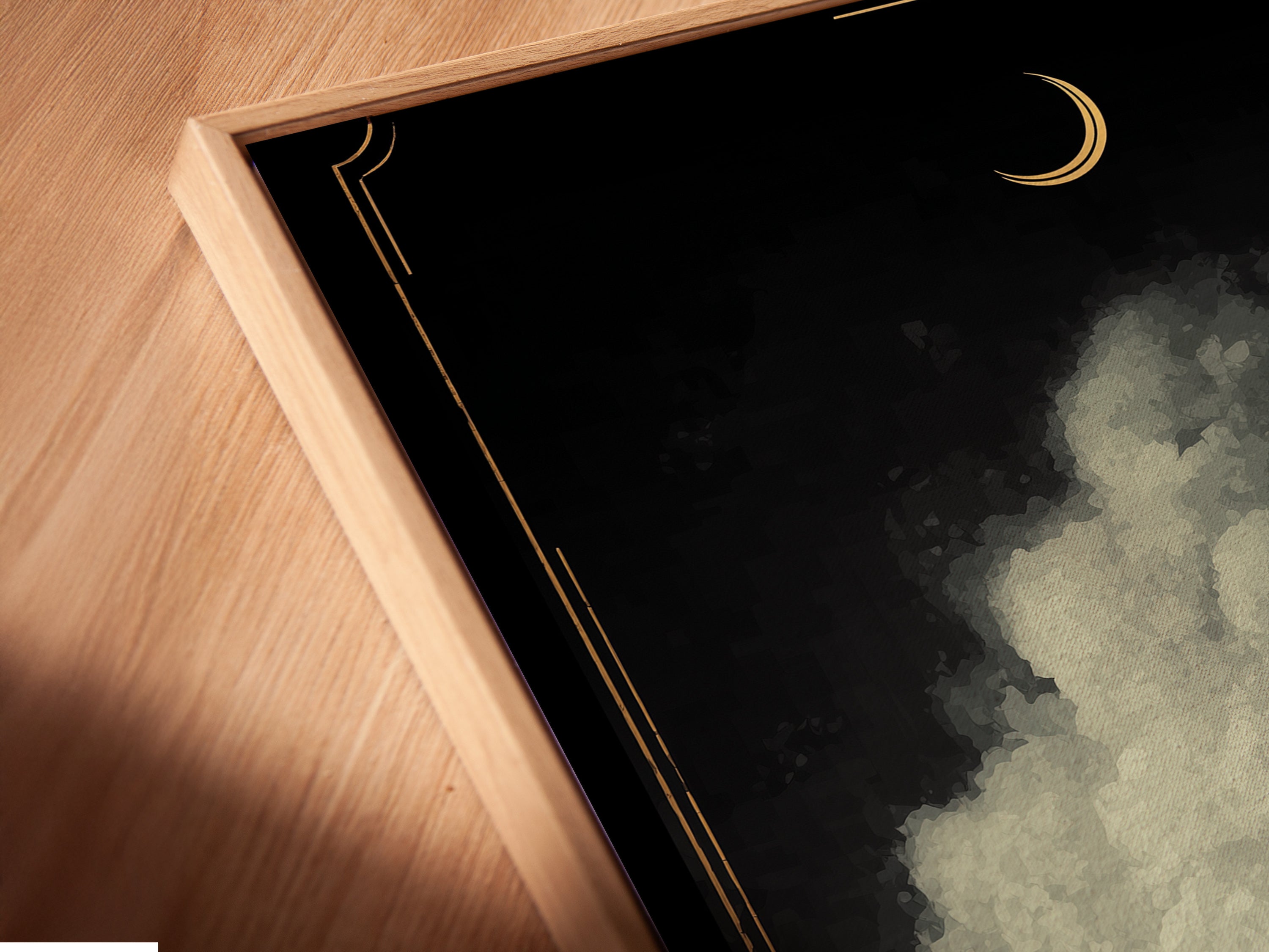 A close-up of a canvas print in a floating frame. The farmhouse art features a red barn in a golden field. The floating frame adds depth and dimension to the artwork. Perfect for creating a gallery-like display in your home. Enhance your wall decor with this stunning piece.