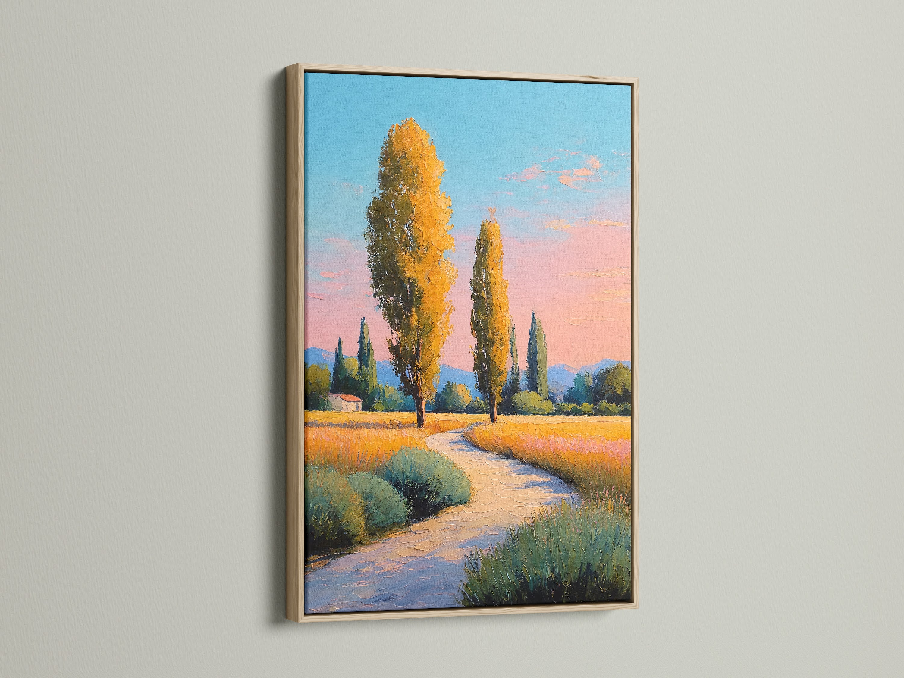 Oak frame showcasing a Tuscany Landscape artwork. The golden poplar trees wall art brings nature indoors. The country path print enhances a rustic farmhouse style. Ideal pastoral wall art for countryside decor.