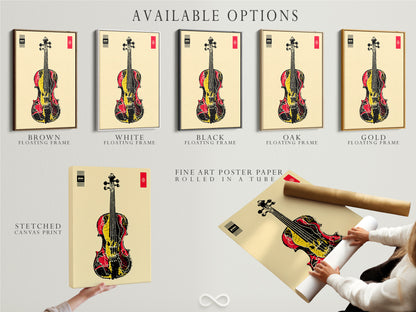 Available options for abstract musical instrument artwork. Includes stretched canvas print fine art poster paper and floating frame. It is great for music enthusiasts. This violin art print complements modern styles. Perfect for music rooms band rooms studios and music schools.