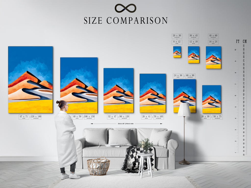 Visualize the perfect fit with our size comparison chart in an interior setting. See how our Abstract Desert Landscape artwork complements your space. The chart helps you choose the ideal size for your living room bedroom or office. Make an informed decision with our helpful guide.