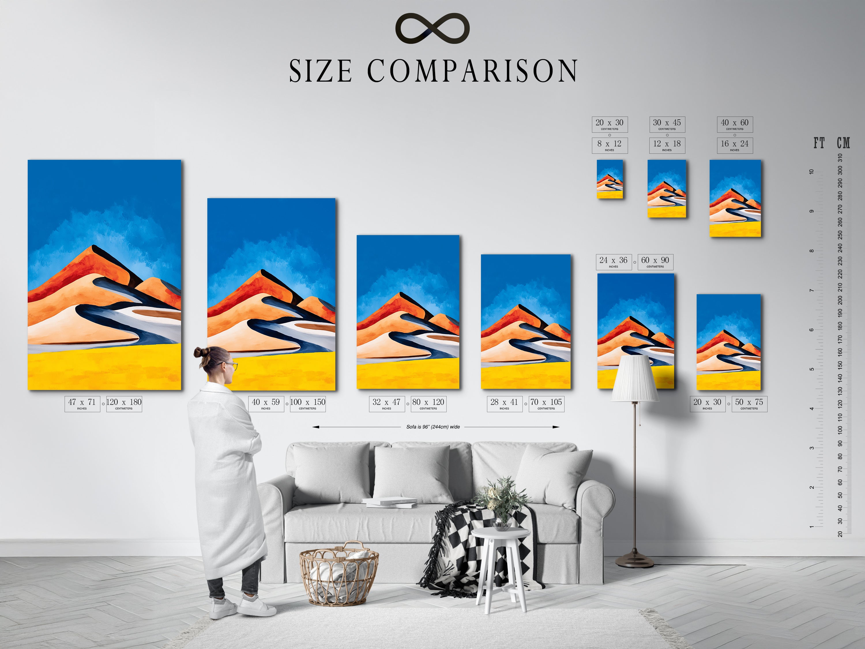 Visualize the perfect fit with our size comparison chart in an interior setting. See how our Abstract Desert Landscape artwork complements your space. The chart helps you choose the ideal size for your living room bedroom or office. Make an informed decision with our helpful guide.