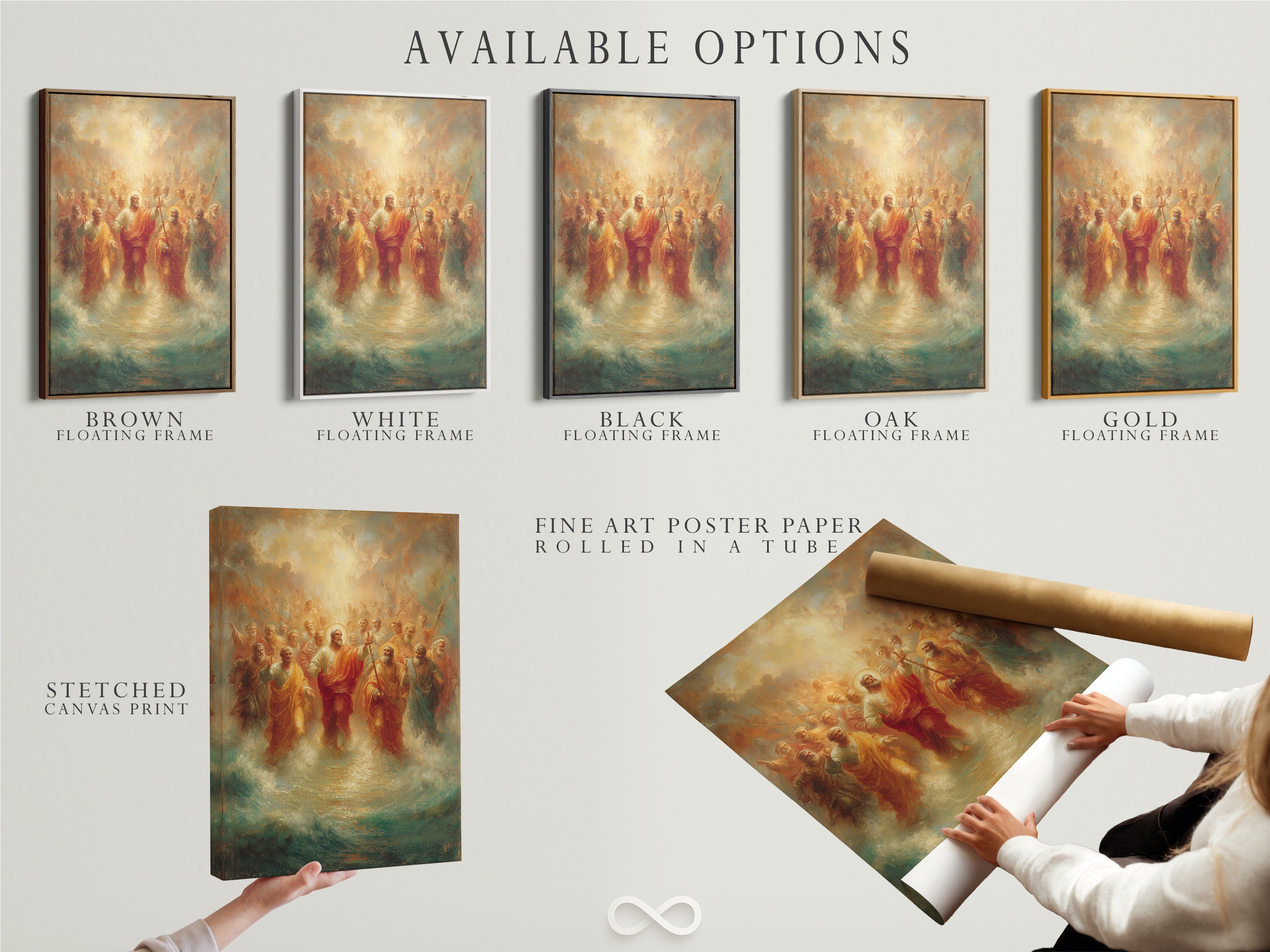 Explore available options for this religious artwork including a stretched canvas print a fine art poster paper and a floating frame. This artwork features Jesus Christ with Apostles. Customize your spiritual home decor to reflect your personal style and faith.