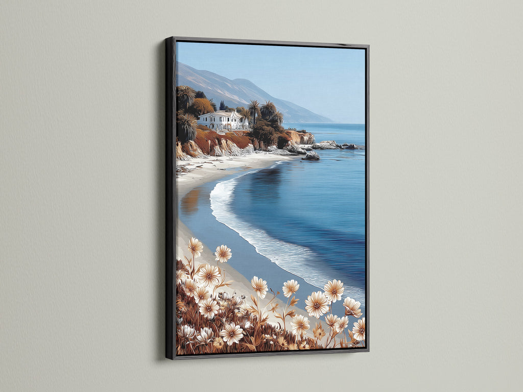The coastal beach artwork is framed in sleek black. The California seascape wall art adds a touch of elegance to any room. The neutral tones and ocean view create a calming atmosphere. Perfect for modern interiors seeking serene artwork.