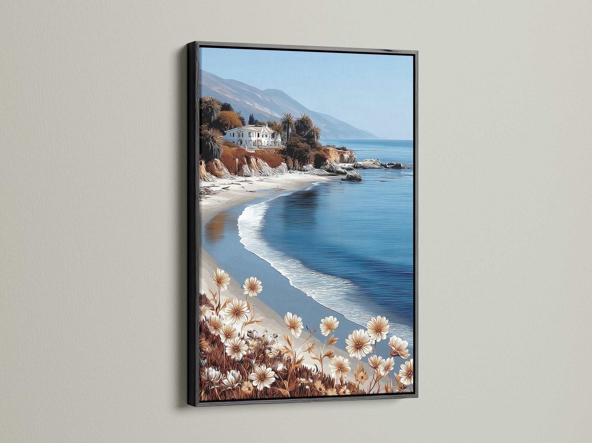 The coastal beach artwork is framed in sleek black. The California seascape wall art adds a touch of elegance to any room. The neutral tones and ocean view create a calming atmosphere. Perfect for modern interiors seeking serene artwork.
