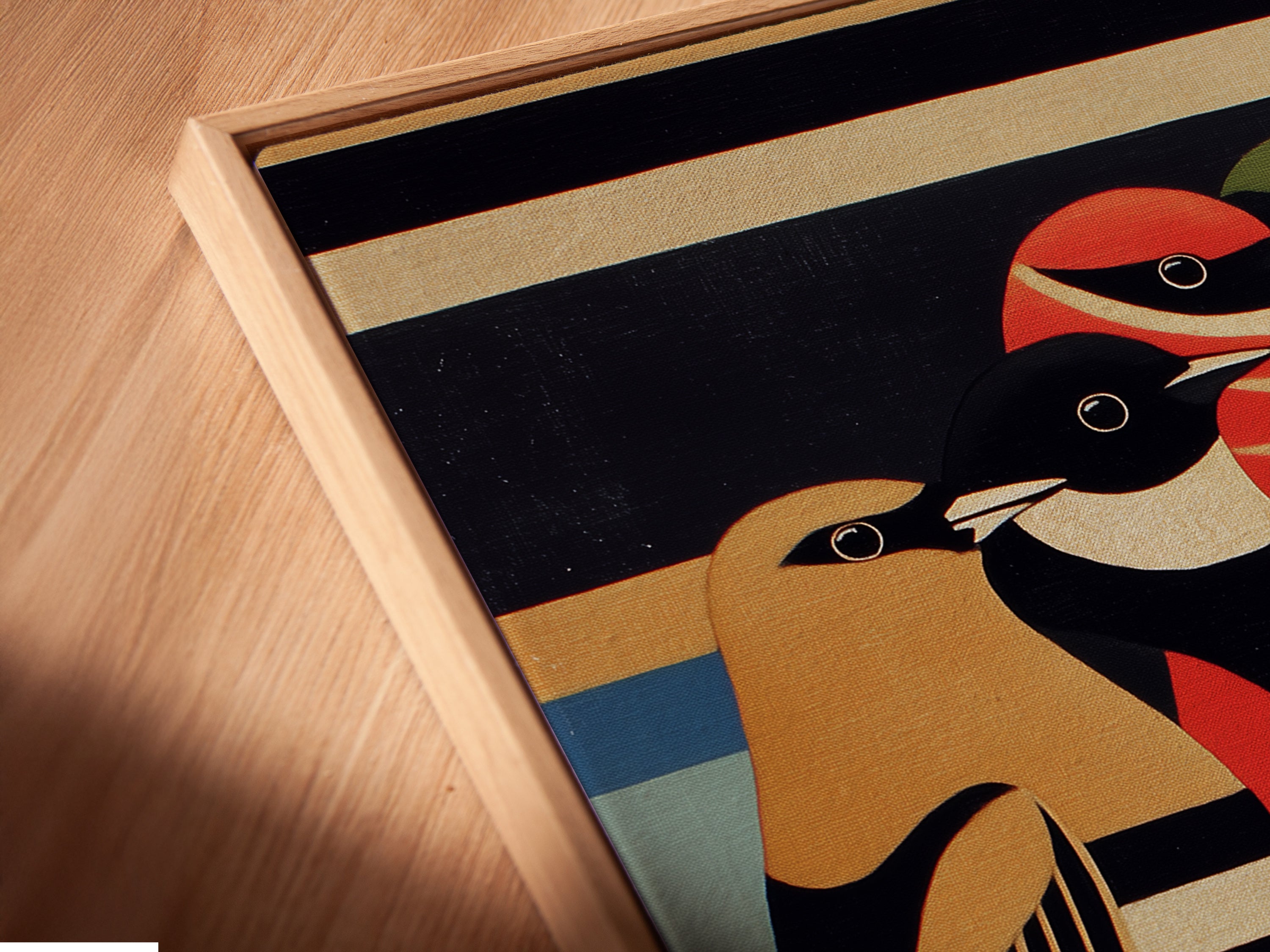 A close-up of a canvas print in a floating frame. The vintage bird artwork appears to float within the frame. This unique presentation enhances any wall. Shop now for framed avian artwork. It's ideal for study room decor.