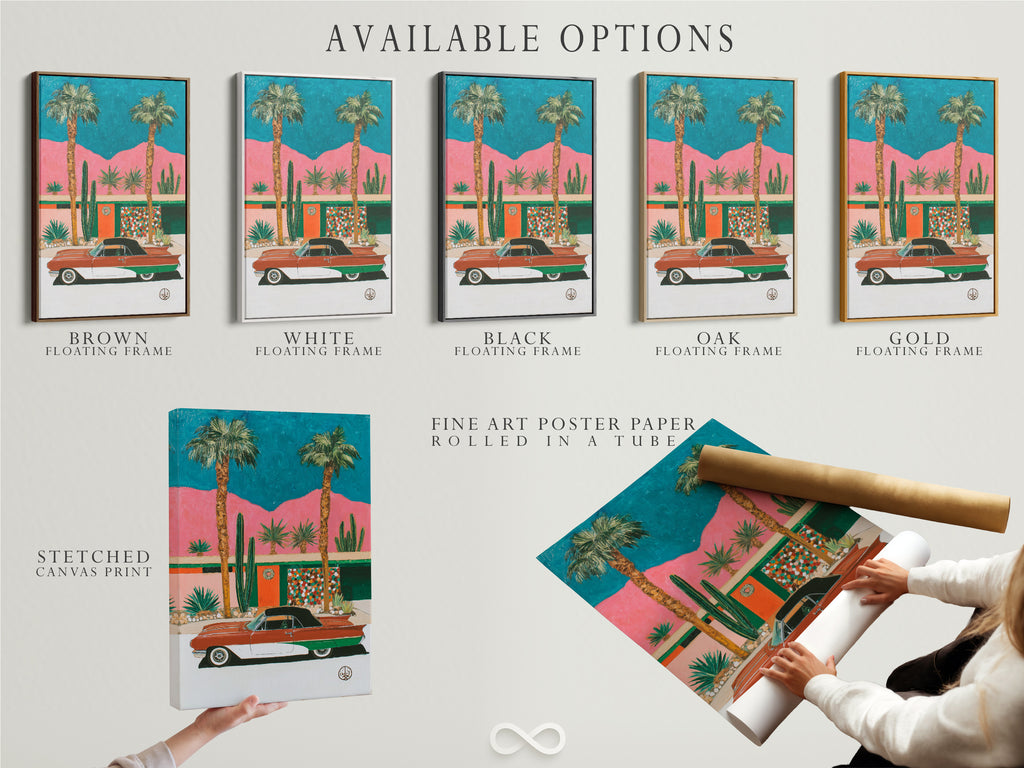 Available options for retro Palm Springs artwork. This includes stretched canvas prints fine art poster paper and floating frames. Customize your mid-century modern desert wall art to suit your style. Choose the perfect format to showcase this vintage car print in your home or office.