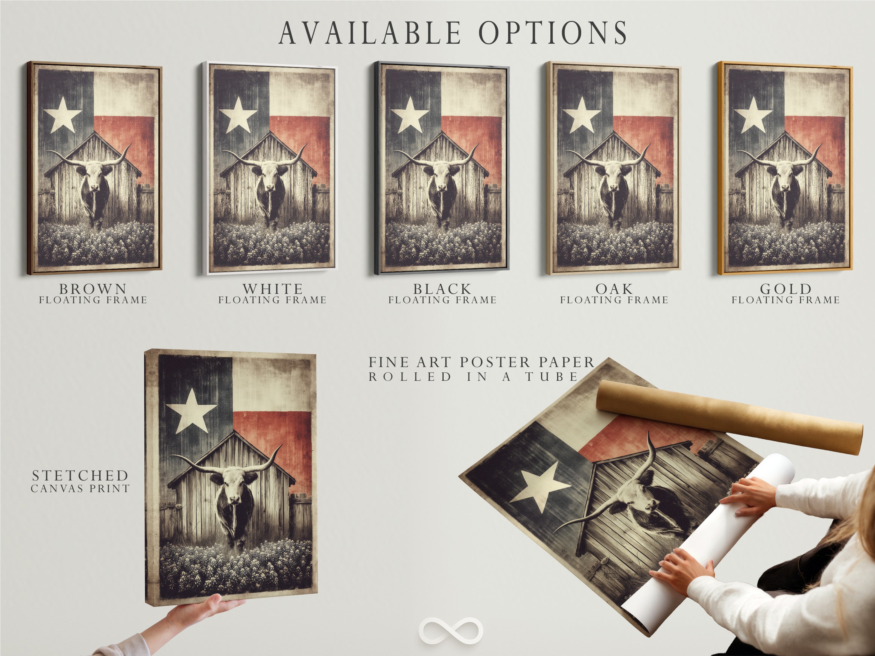 Available options for Texas Longhorn art prints. Choose from a stretched canvas print. Consider fine art poster paper. Or choose a floating frame. Find the perfect medium to match your rustic home decor. Elevate your western artwork today.