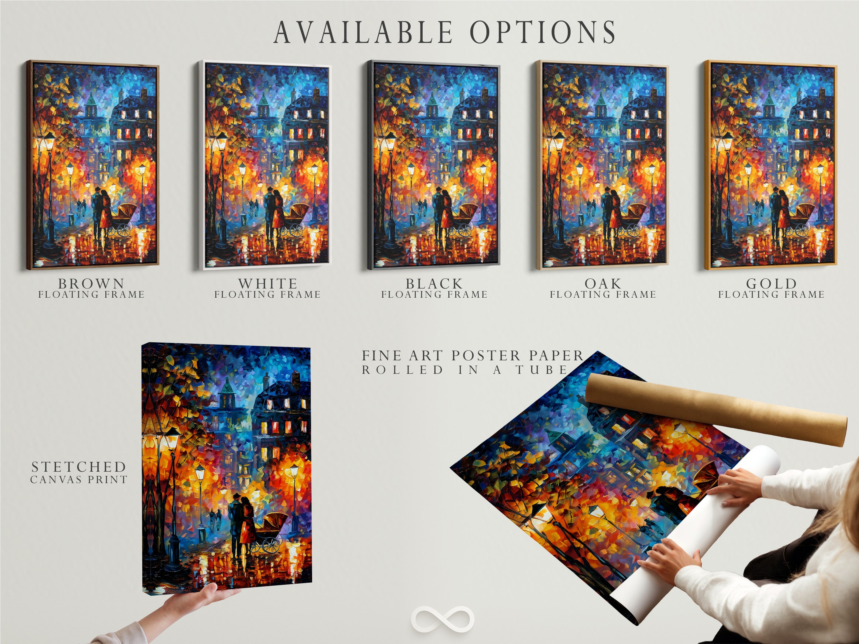 Available options for romantic street art. Choose from stretched canvas prints fine art poster paper and floating frames. Customize your artwork to match your style. Perfect for creating unique wall decor. Explore the options for your ideal art piece.