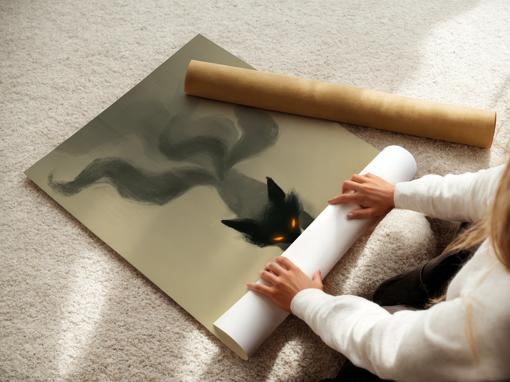 A woman carefully rolling a fine art poster paper. This ensures the mystical fox spirit art arrives in perfect condition. Get ready to elevate your space with fantasy wall decor. The fox print is ready to be framed.