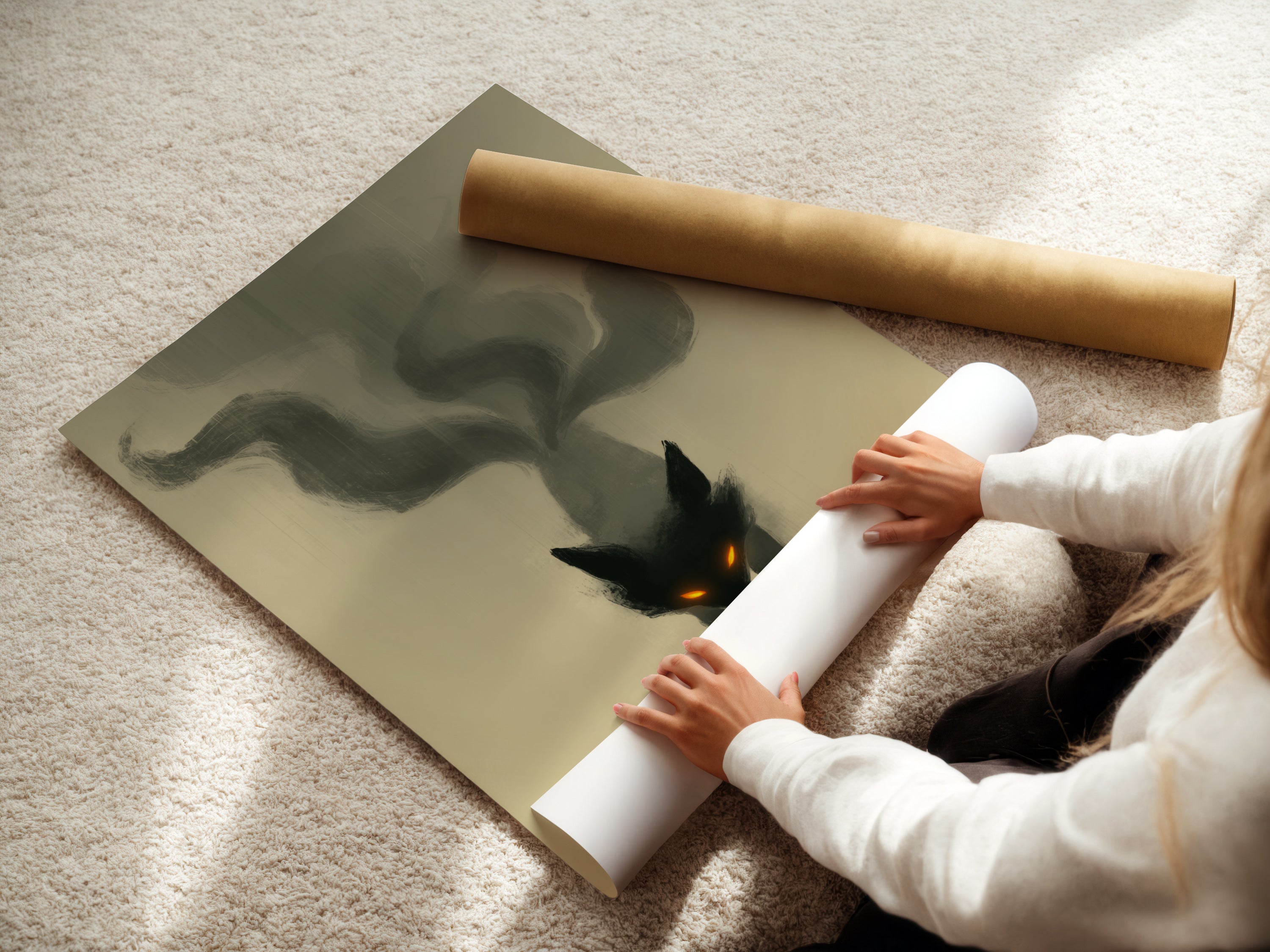 A woman carefully rolling a fine art poster paper. This ensures the mystical fox spirit art arrives in perfect condition. Get ready to elevate your space with fantasy wall decor. The fox print is ready to be framed.