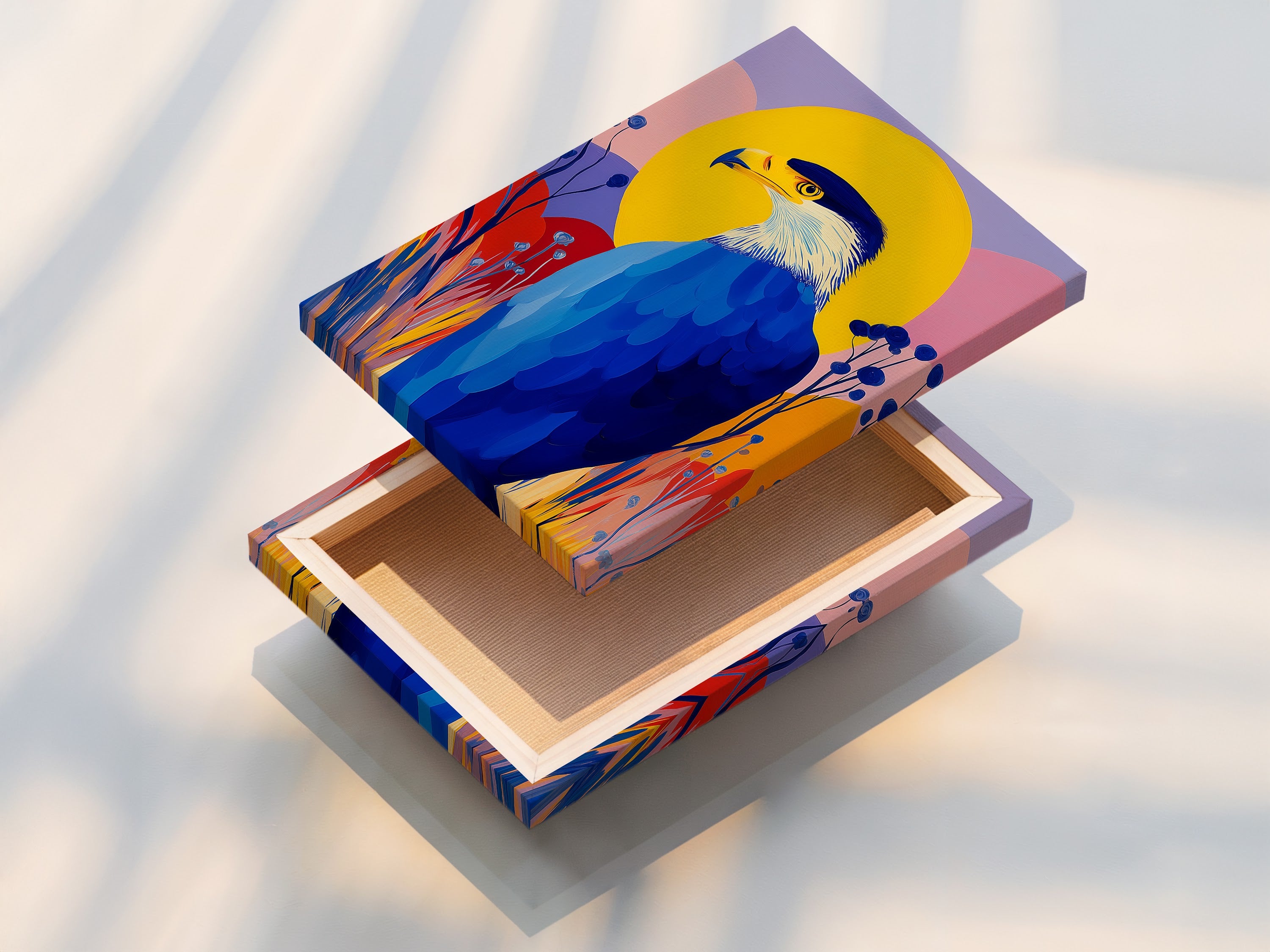 A stretched canvas print of the colorful eagle art is displayed. This modern artwork is ready to hang. Enhance your home decor with this vibrant bird print. This is an ideal gift for any bird lover.